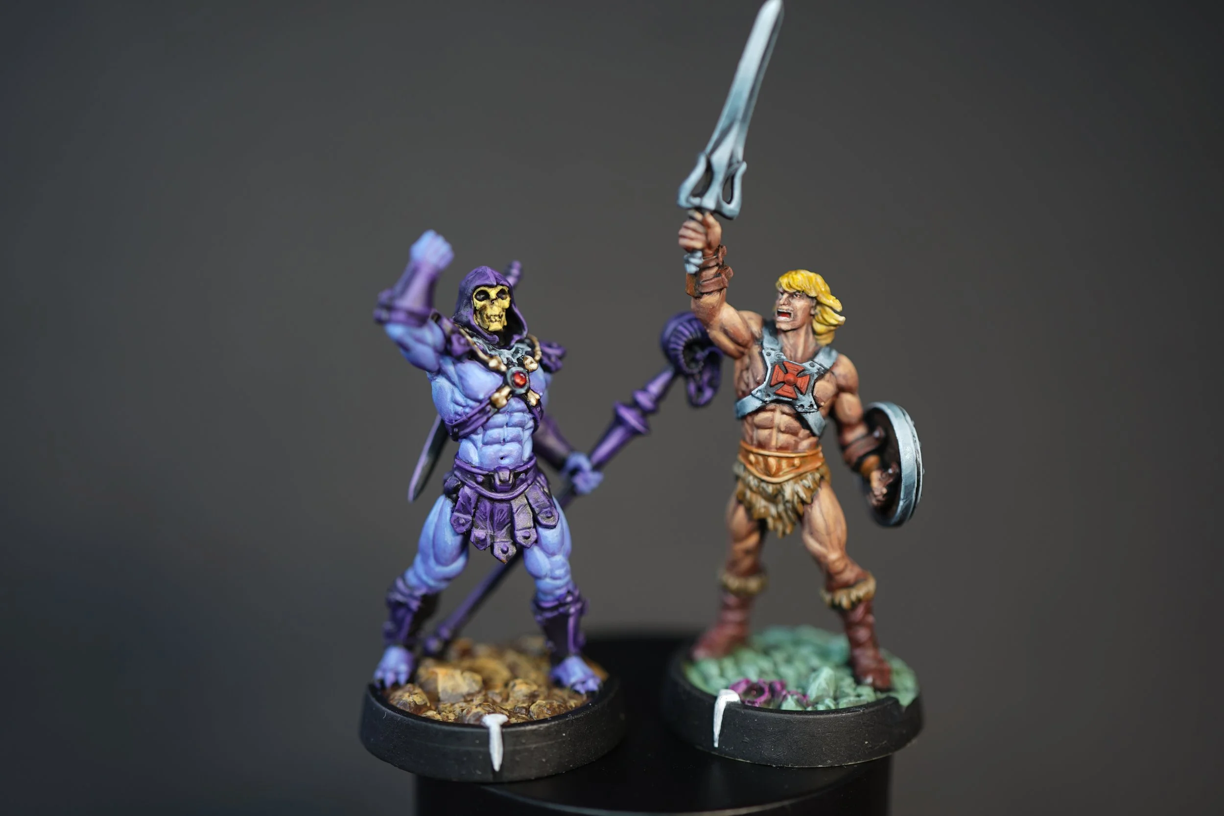 Colorful fantasy miniatures of a purple-skinned sorcerer with skull face named Skeletor and muscular warrior with a sword and shield named He-Man from the similar named franchise, both on round bases, against a dark background. 