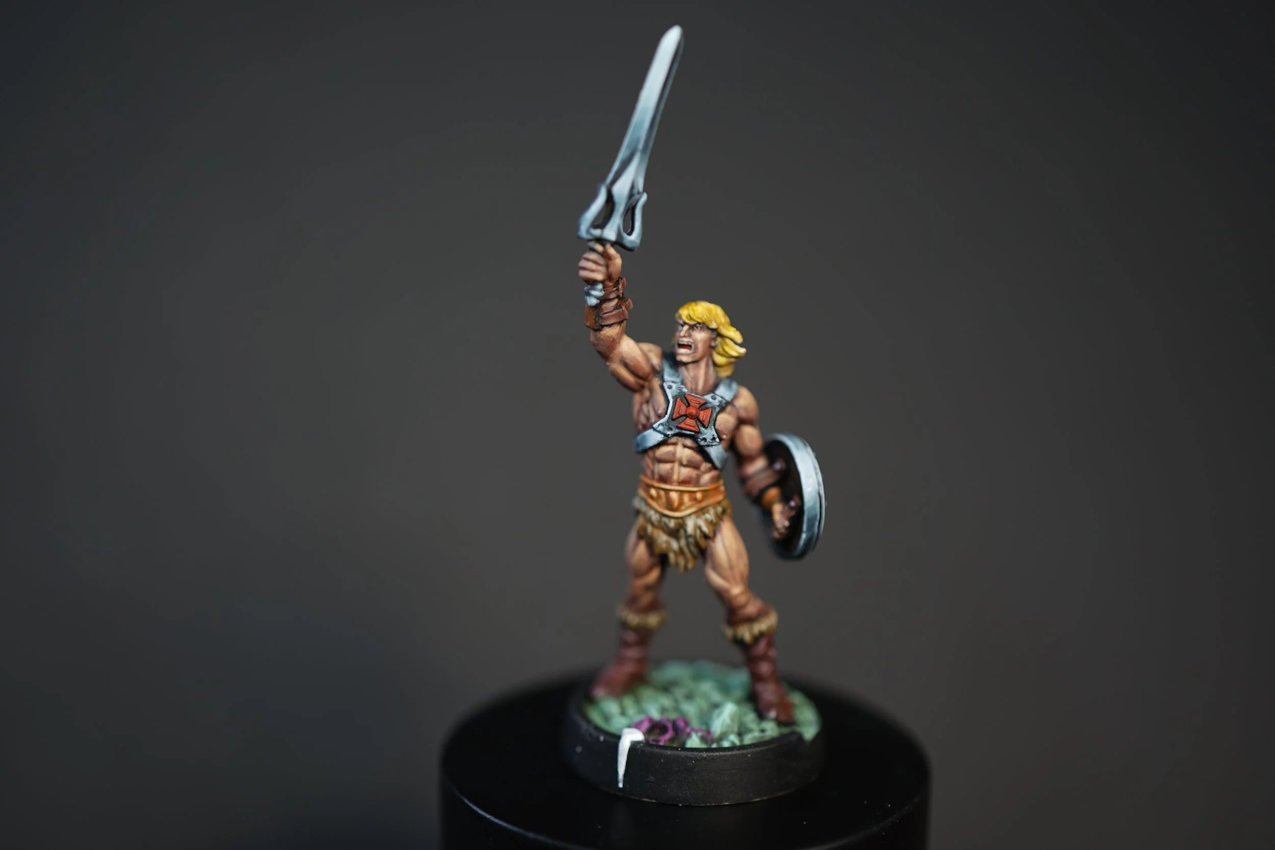 Miniature warrior figurine of He-Man wielding the Sword of Power and shield, wearing armor and a loincloth, standing on a decorated base against a dark background.