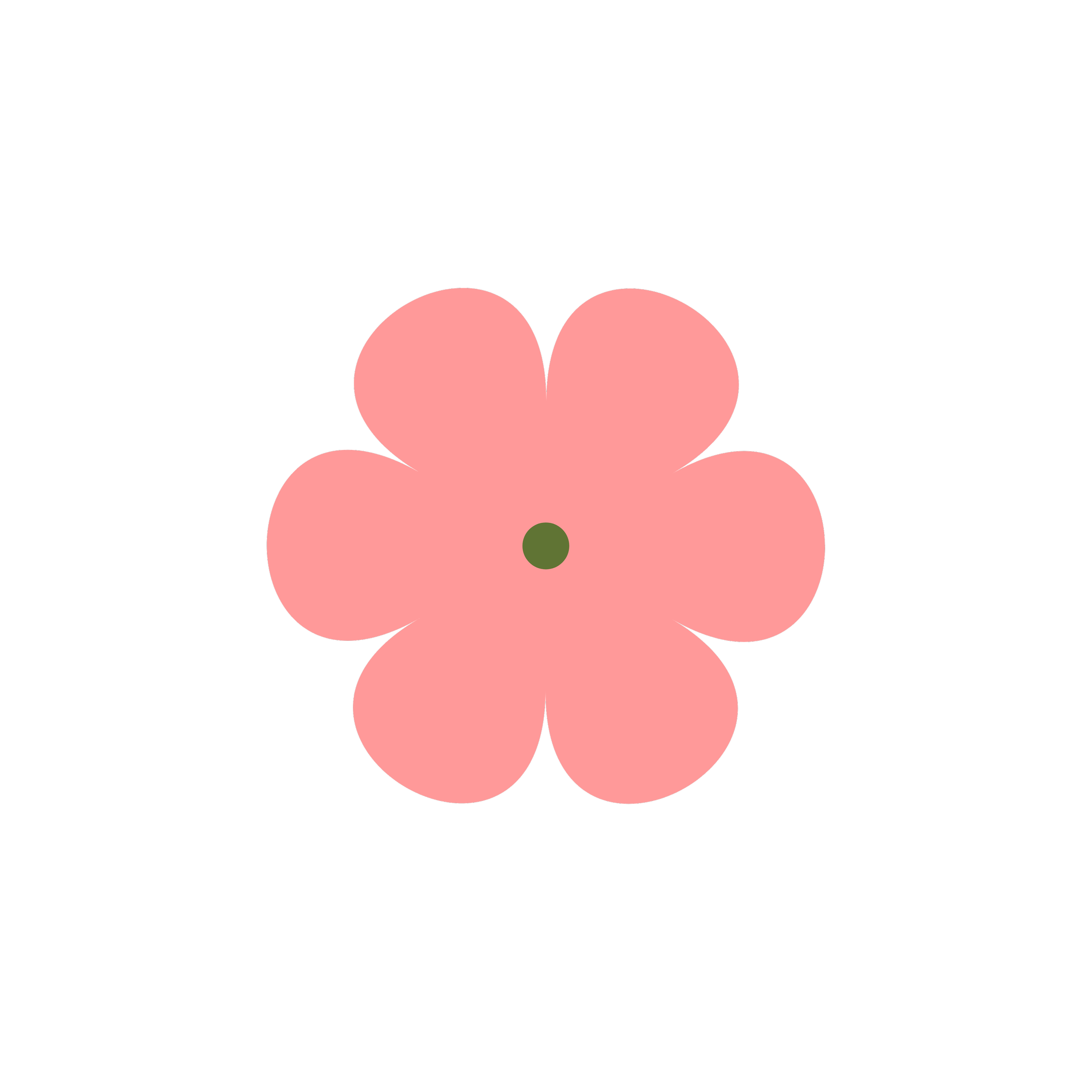 Stylized illustration of a pink flower with five petals and a green center against a black background.