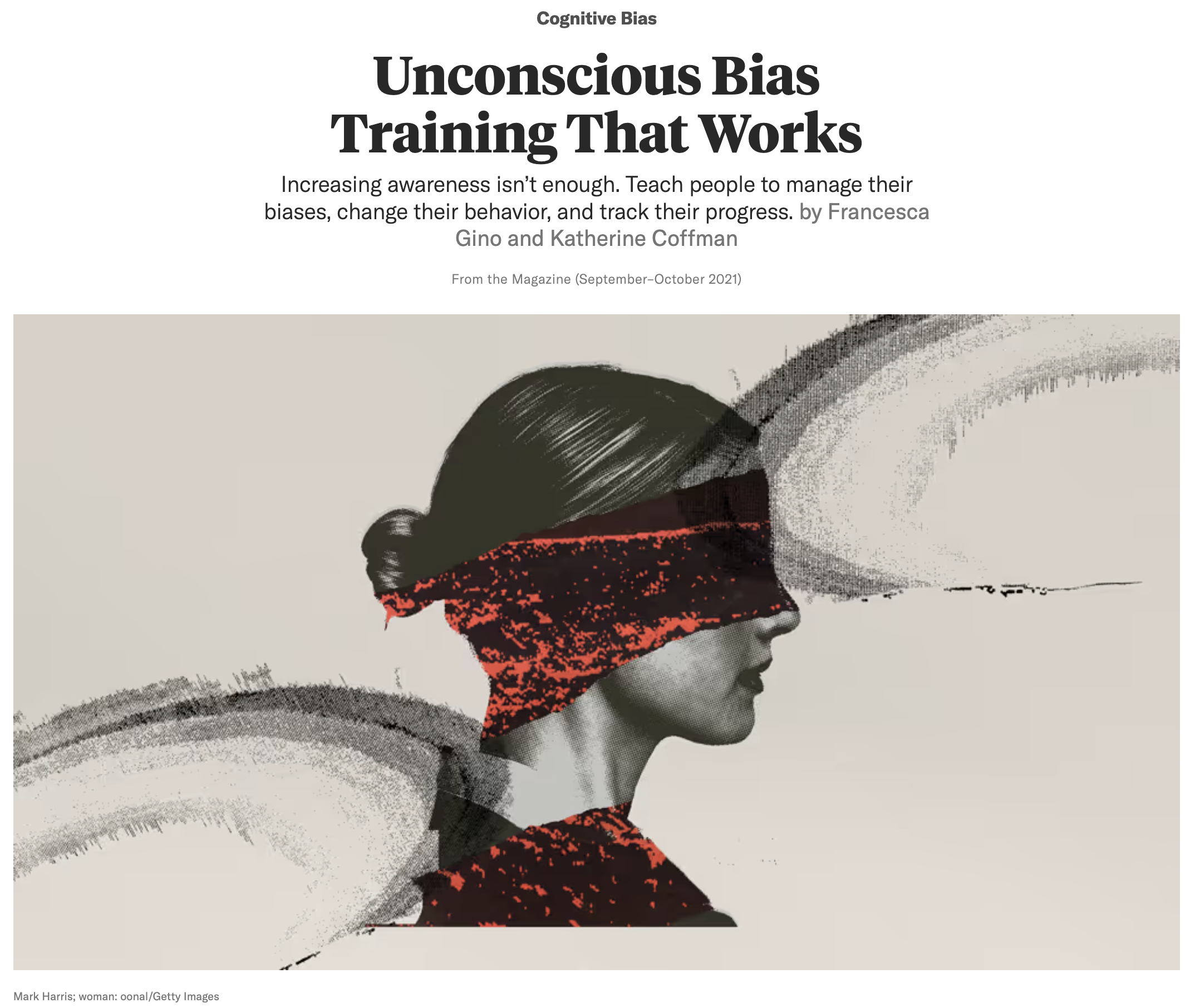 Cover page of a magazine article titled "Unconscious Bias Training That Works" with a black and white photo of a woman in profile, her eyes covered with a red and black textured band, and abstract gray brush strokes in the background.