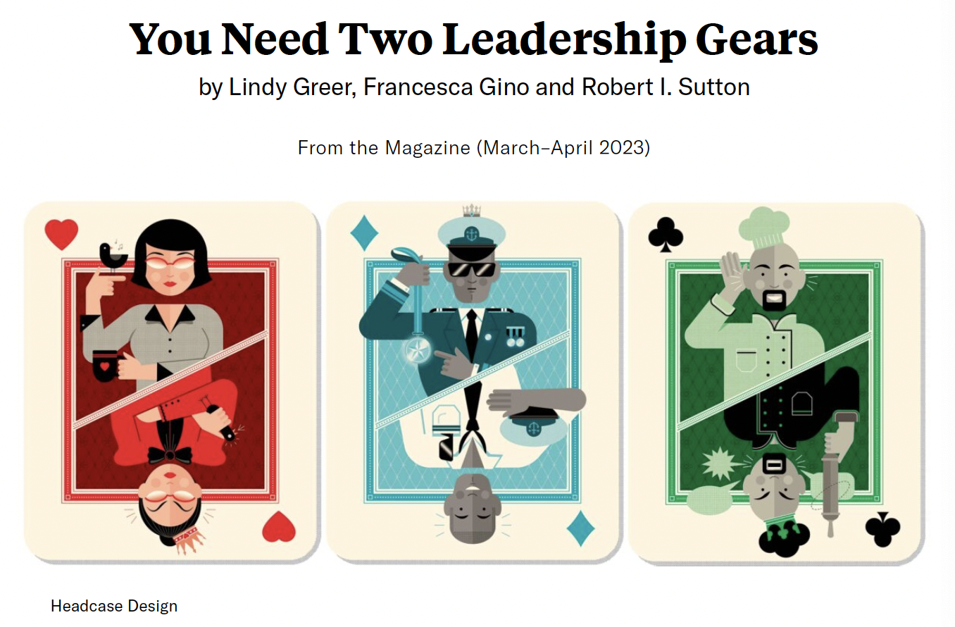 Illustration of three stylized playing cards with characters representing leadership or leadership styles. The first card features a woman with glasses, a headband, and a sword, in red, symbolizing the heart suit. The second card shows a man in a police uniform holding a magnifying glass, in blue, symbolizing the diamond suit. The third card depicts a chef with a beard and chef hat, holding a sausage, in green, representing the club suit.
