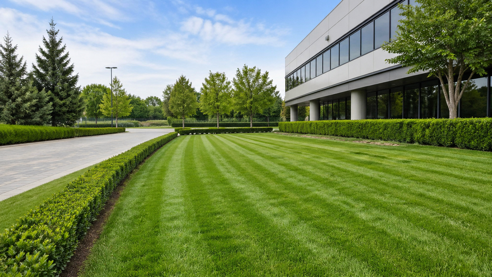 Modern office building with large glass windows, surrounded by a well-maintained lawn, trimmed hedges, and trees under a partly cloudy sky.