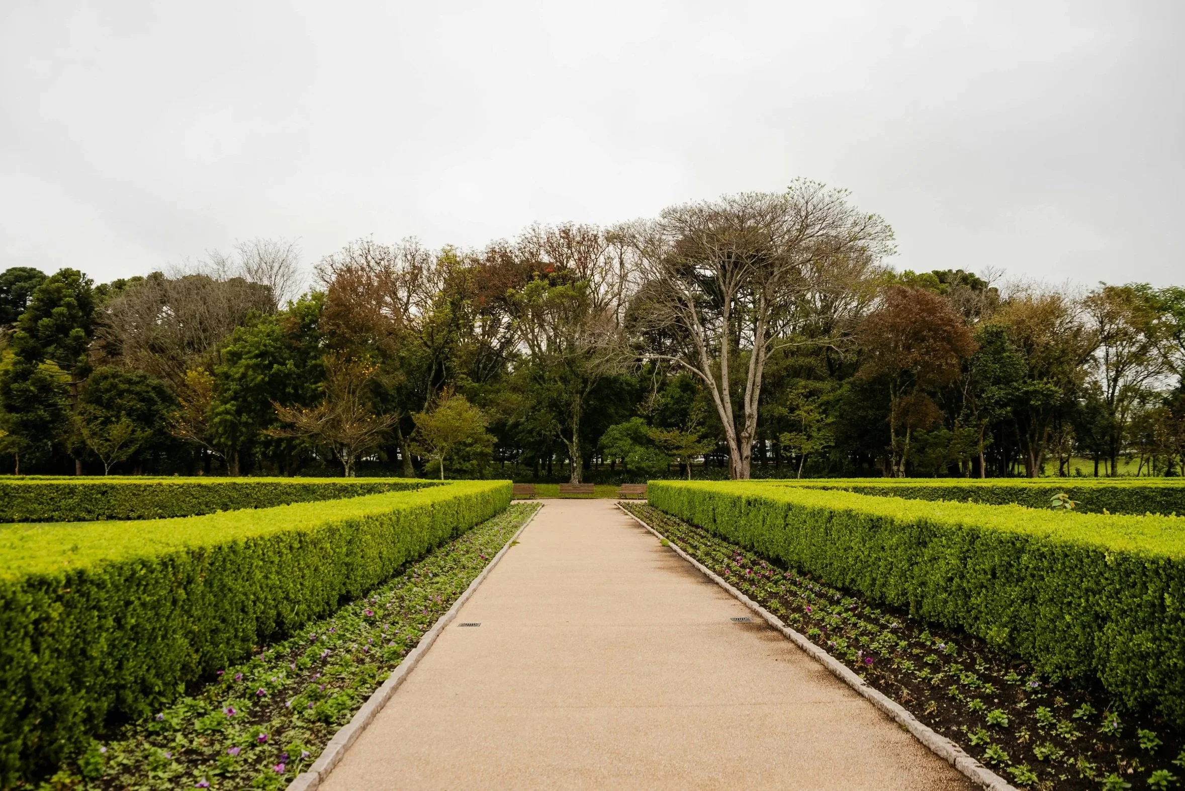 A pathway through a well-maintained garden with lush green bushes on either side, leading to trees in the background under a cloudy sky.