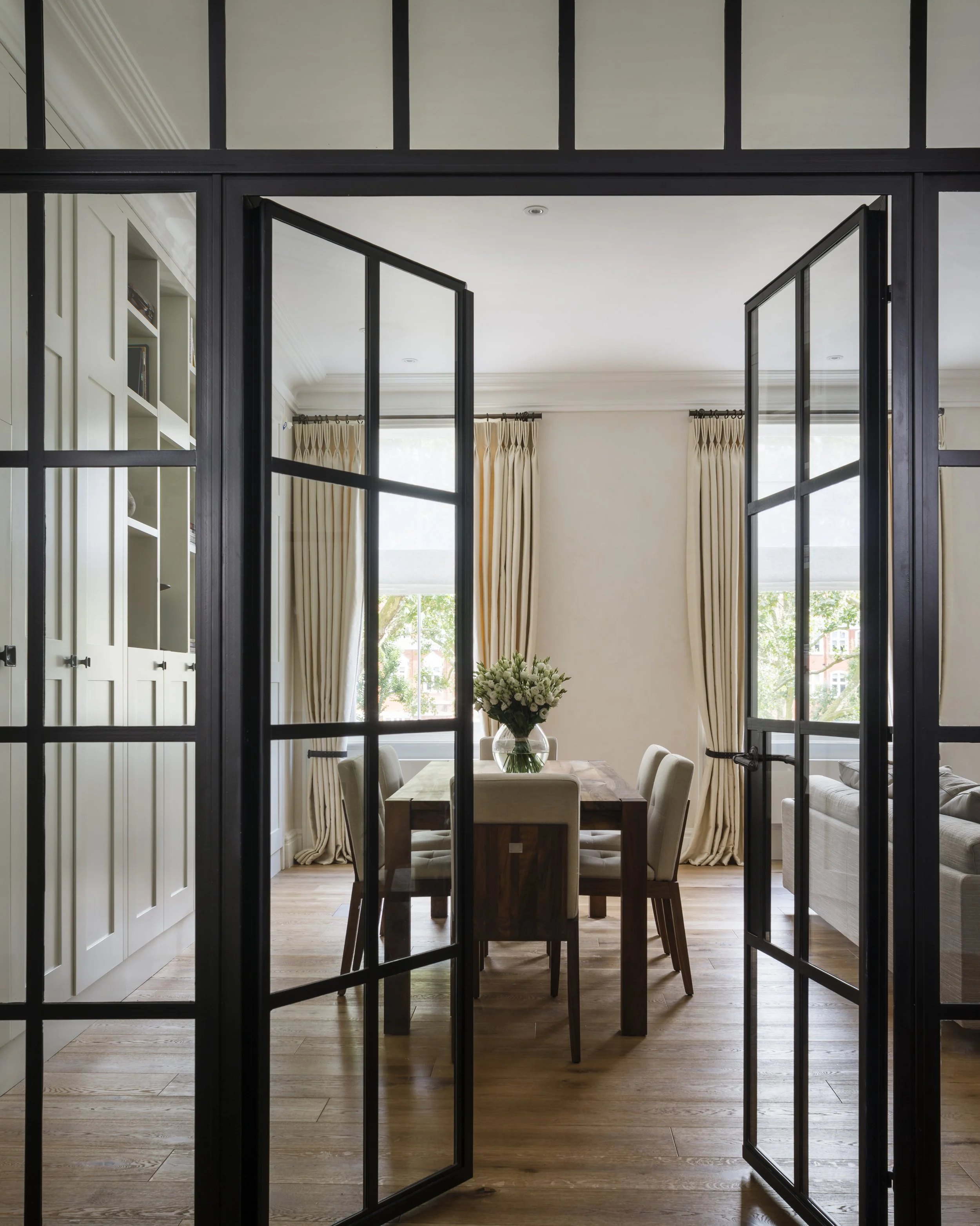 Crittal glass doors to dining room, Lennox gardens apartment Knightsbridge