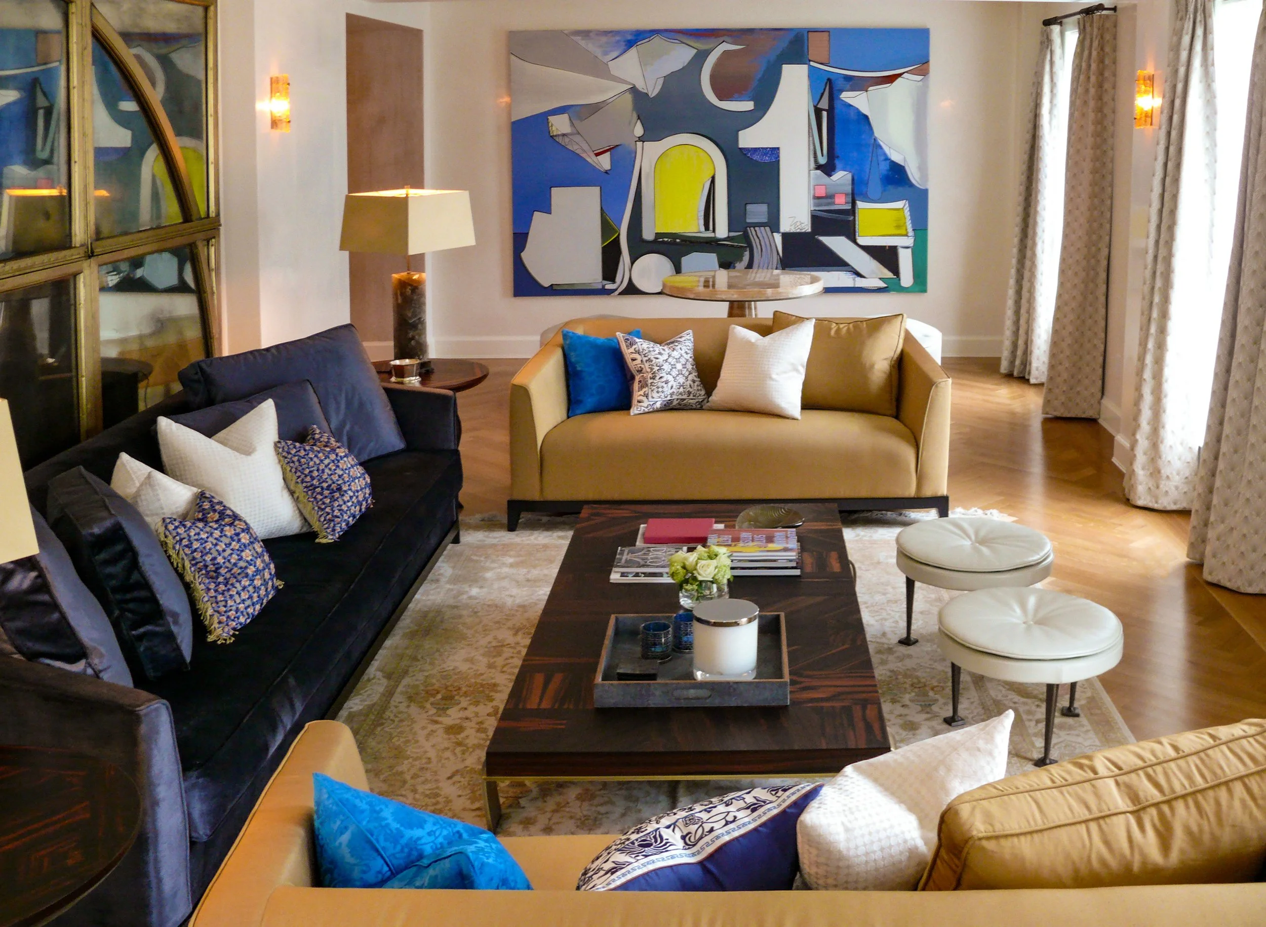 Blue and gold Tondelli sofas in Gramercy Park living room interior