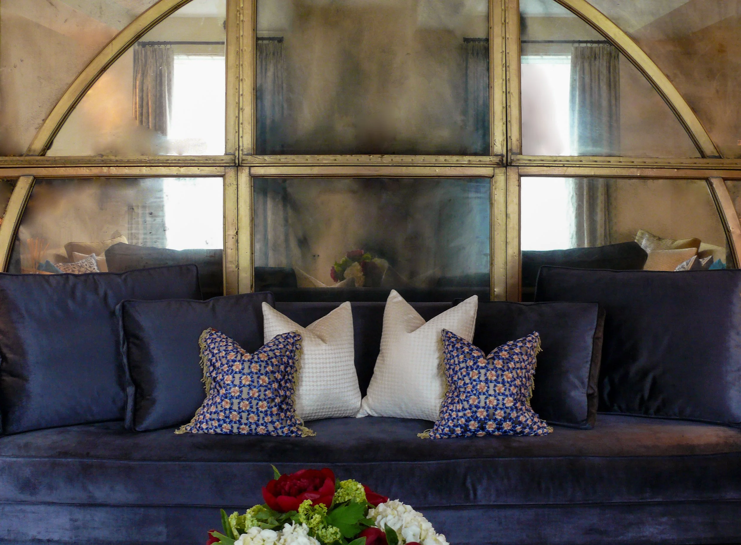 Architectural salvaged window frame mirror detail, living room Gramercy Park apartment New York