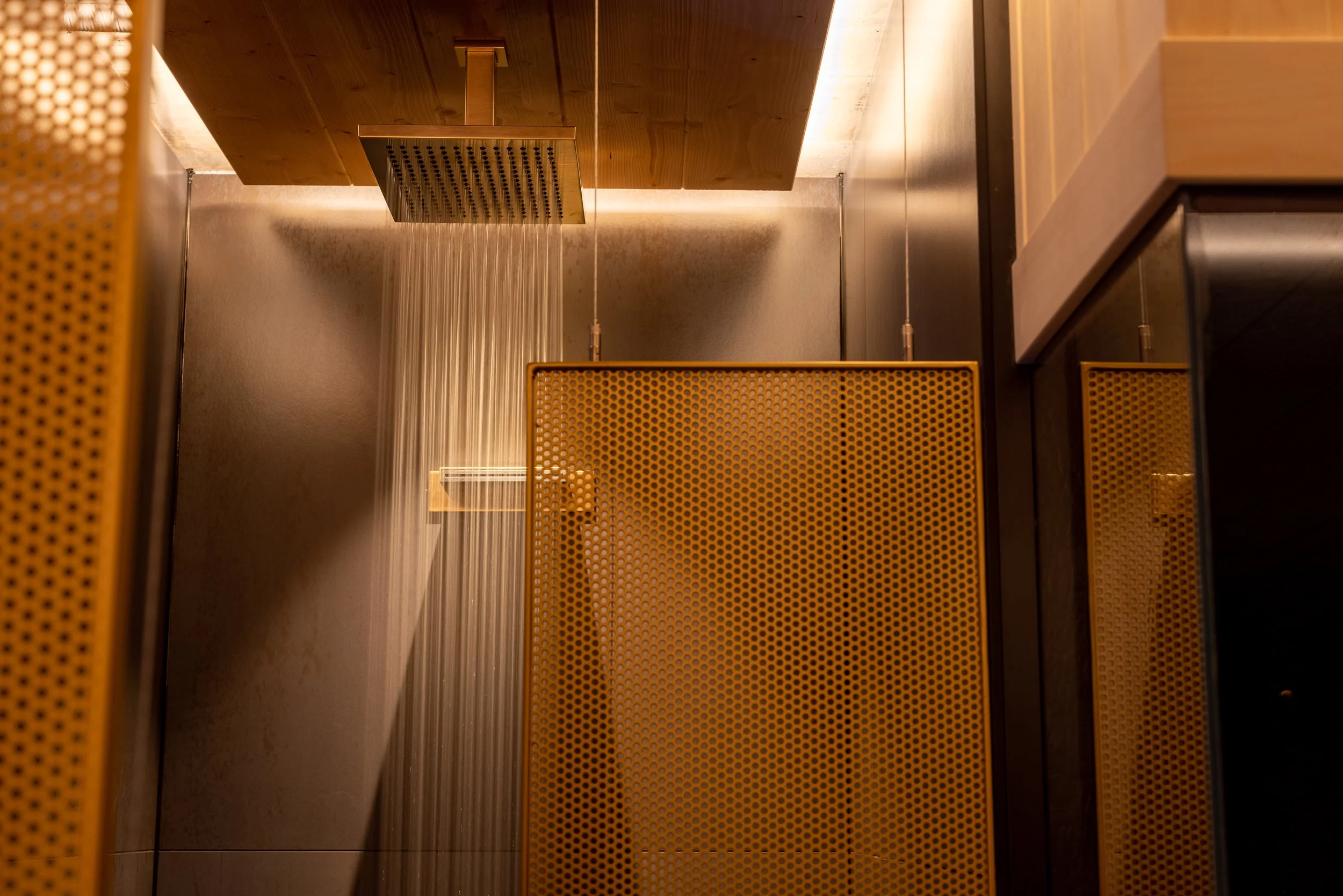 Zlata Vila Spa shower detail with brass panels Sunrose 7 hotel Slovenia