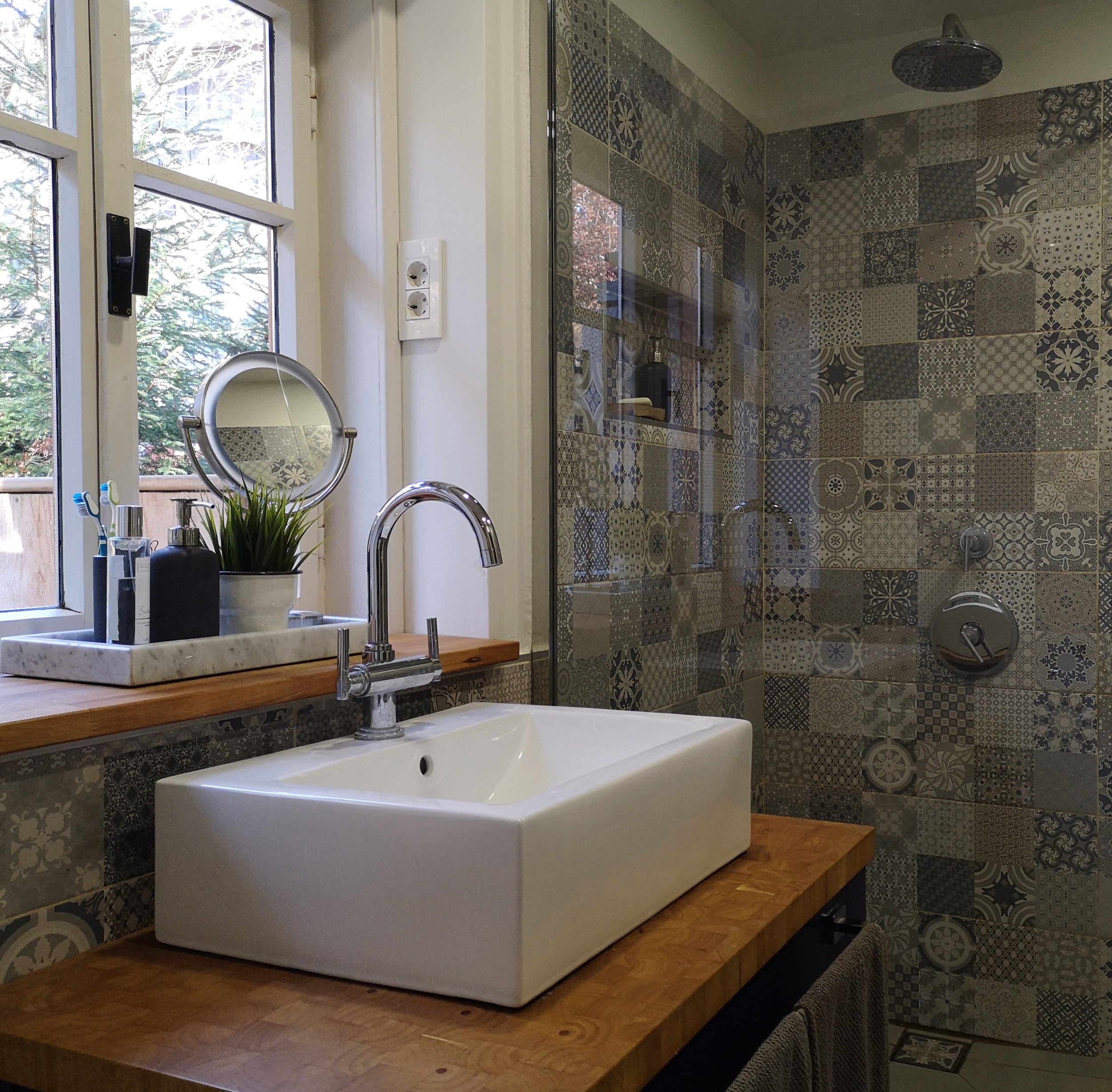 Blue patchwork bathroom vanity detail Pokljuka Slovenia