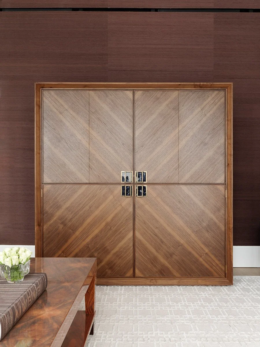 Bespoke design walnut cabinet, ensuite study Holland Green apartment Kensington