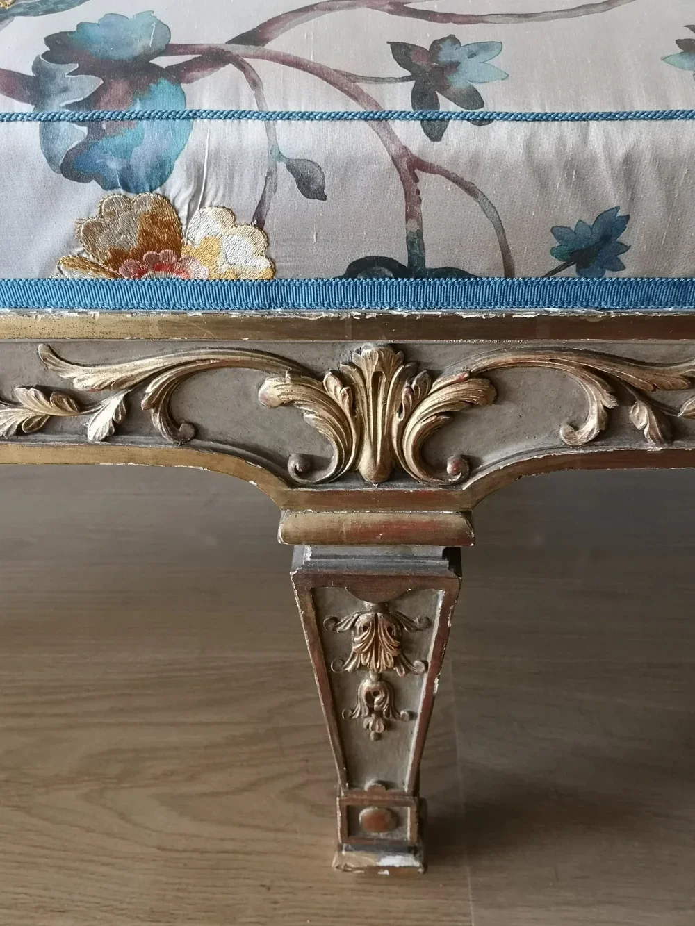 Silk upholstered antique bench leg detail, Holland Green apartment Kensington London