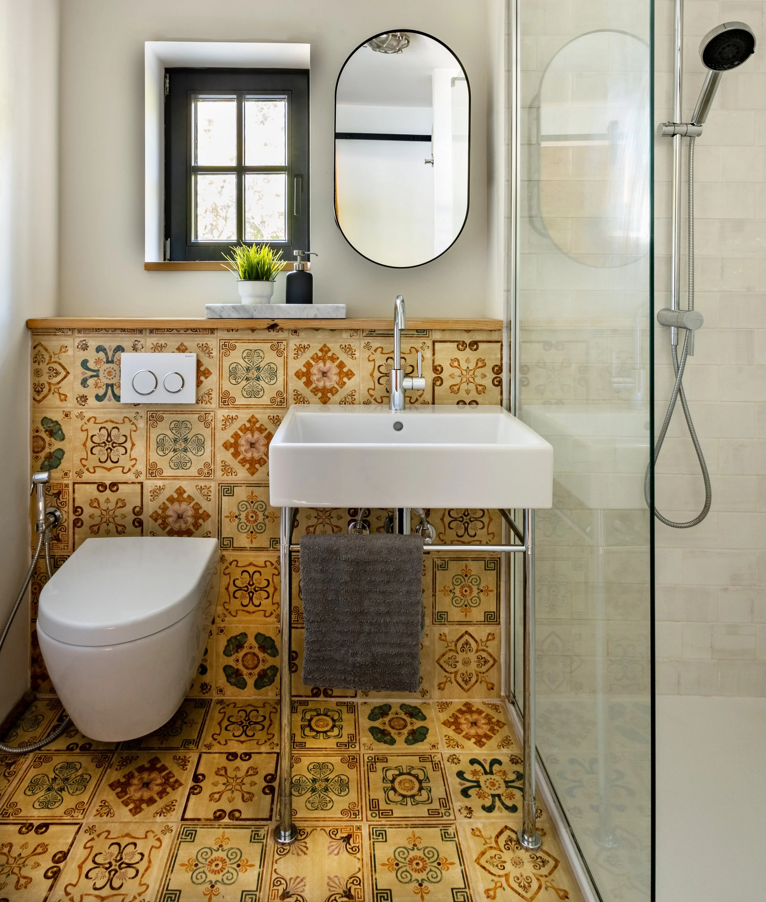 Colourful patchwork bathroom tiles Vineyard cottage Slovenia