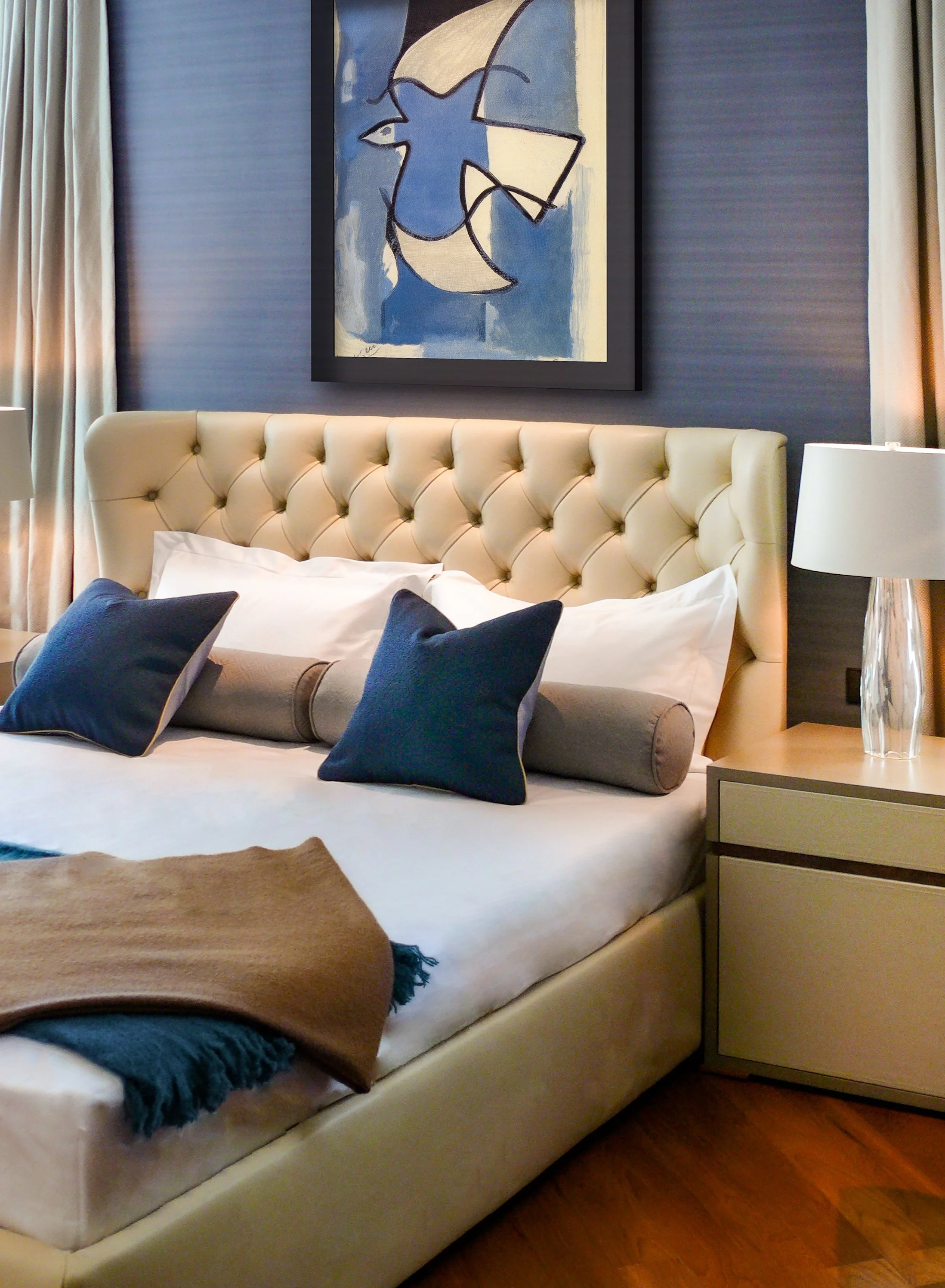 Meridiani leather upholstered bed, bedroom Orchard apartment Singapore