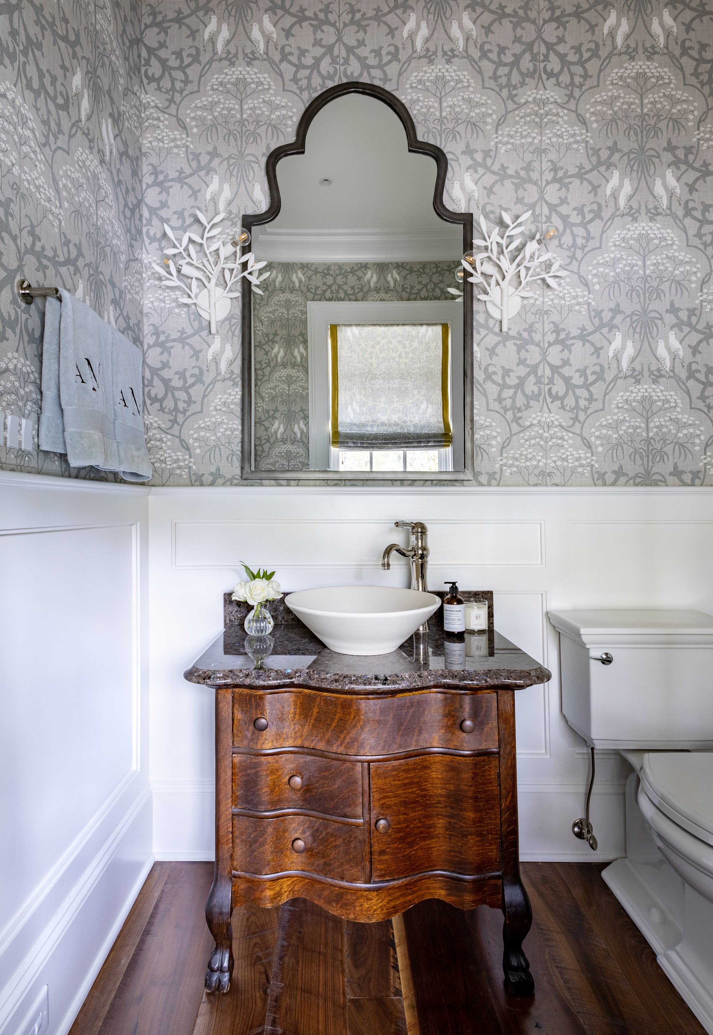 Antique chest vanity unit and Lewis & Wood Bella wallpaper, powder room Kiawah Island beach house