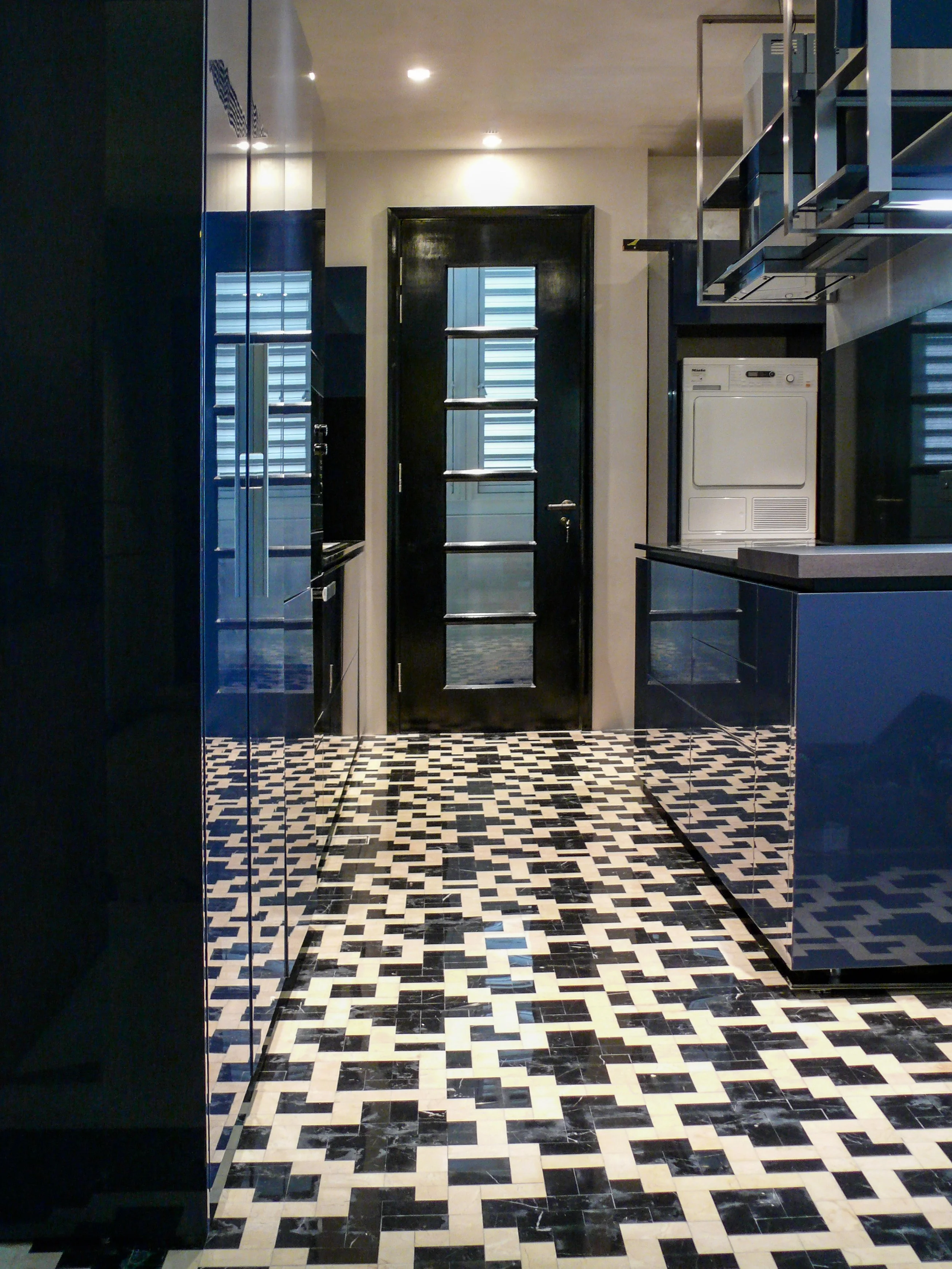 Bespoke marble mosaic floor, kitchen Orchard apartment Singapore