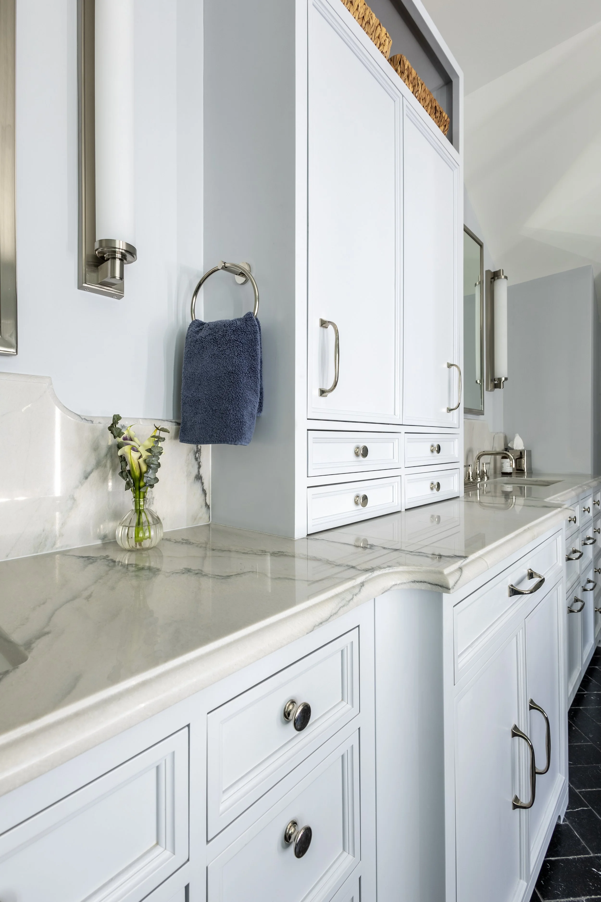 Besoke double vanity detail, master suite bathroom Kiawah Island beach house