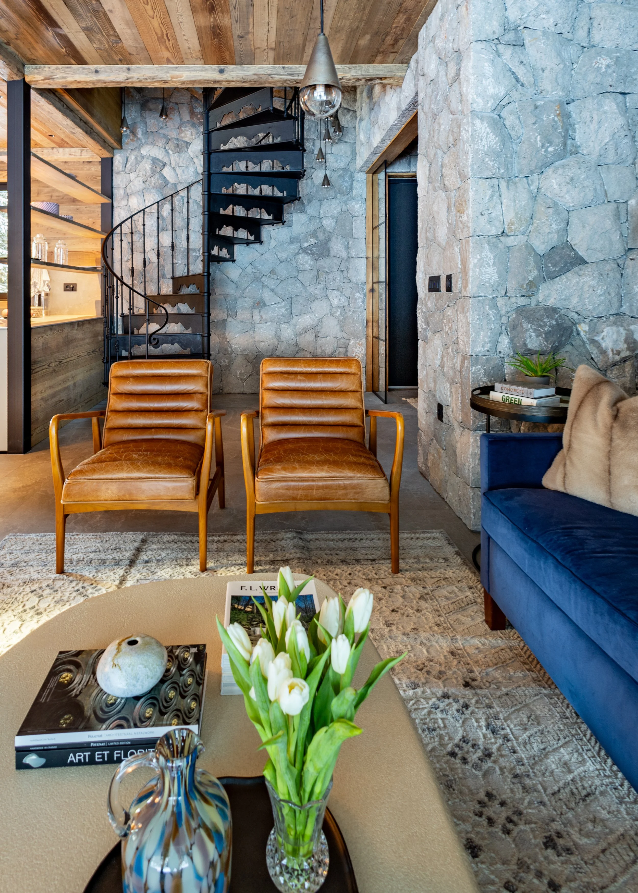 Midcentury leather armchairs, living room Julian Alps mountain chalet