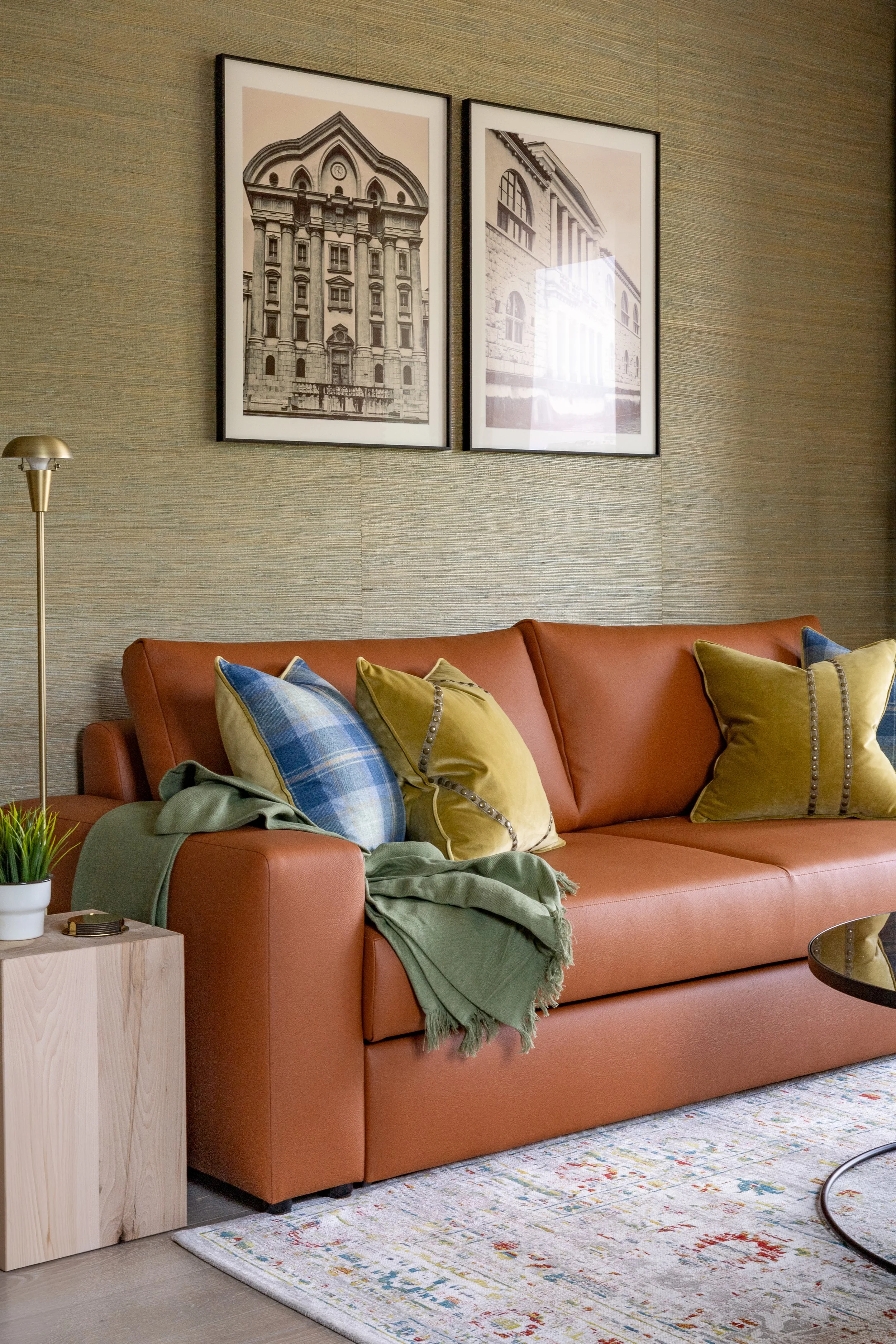 Tan leather sleeper sofa, living room Ljubljana Bezigrad apartment