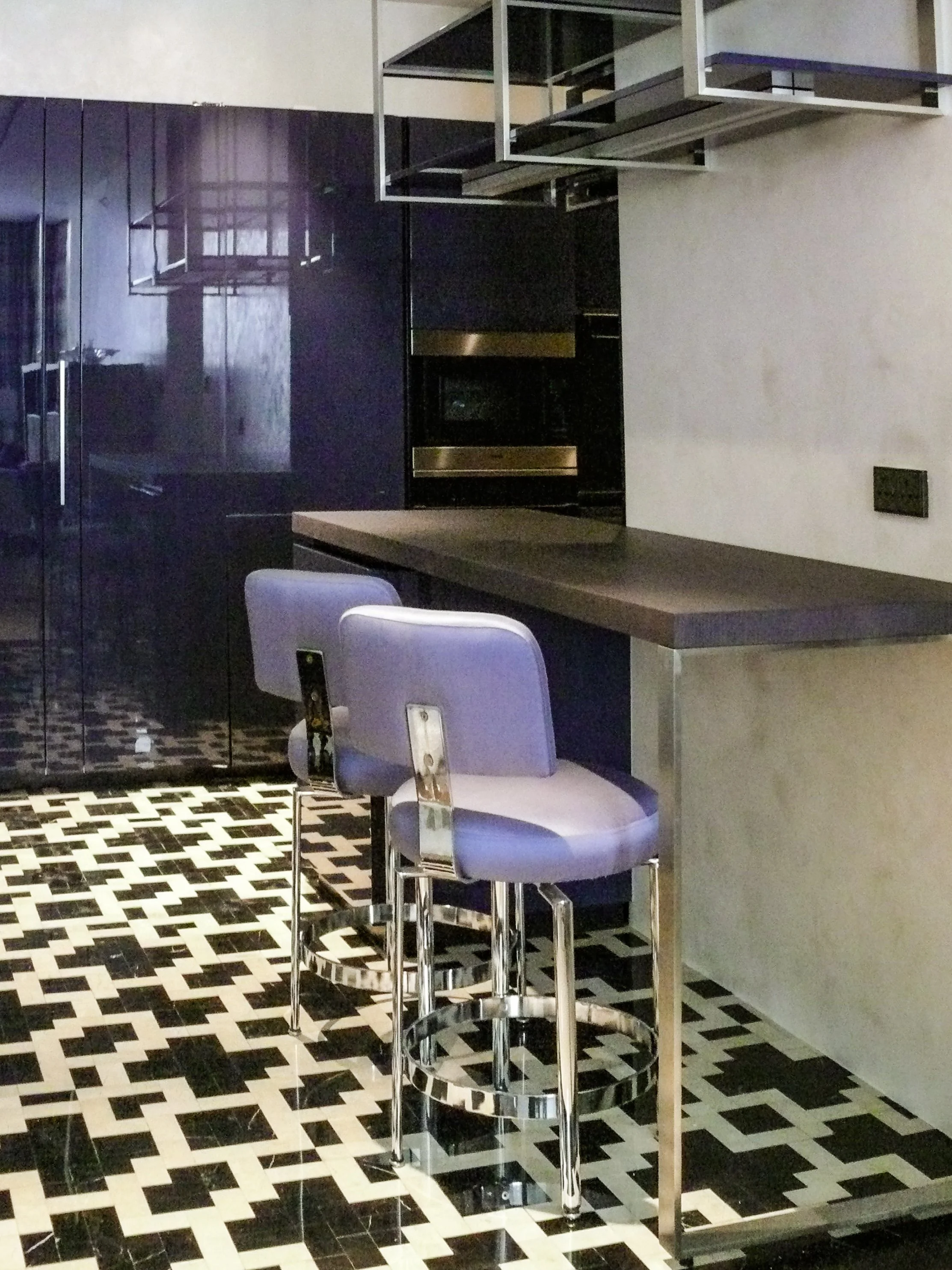 Mid century silk upholstered bar stools, kitchen Orchard apartment Singapore