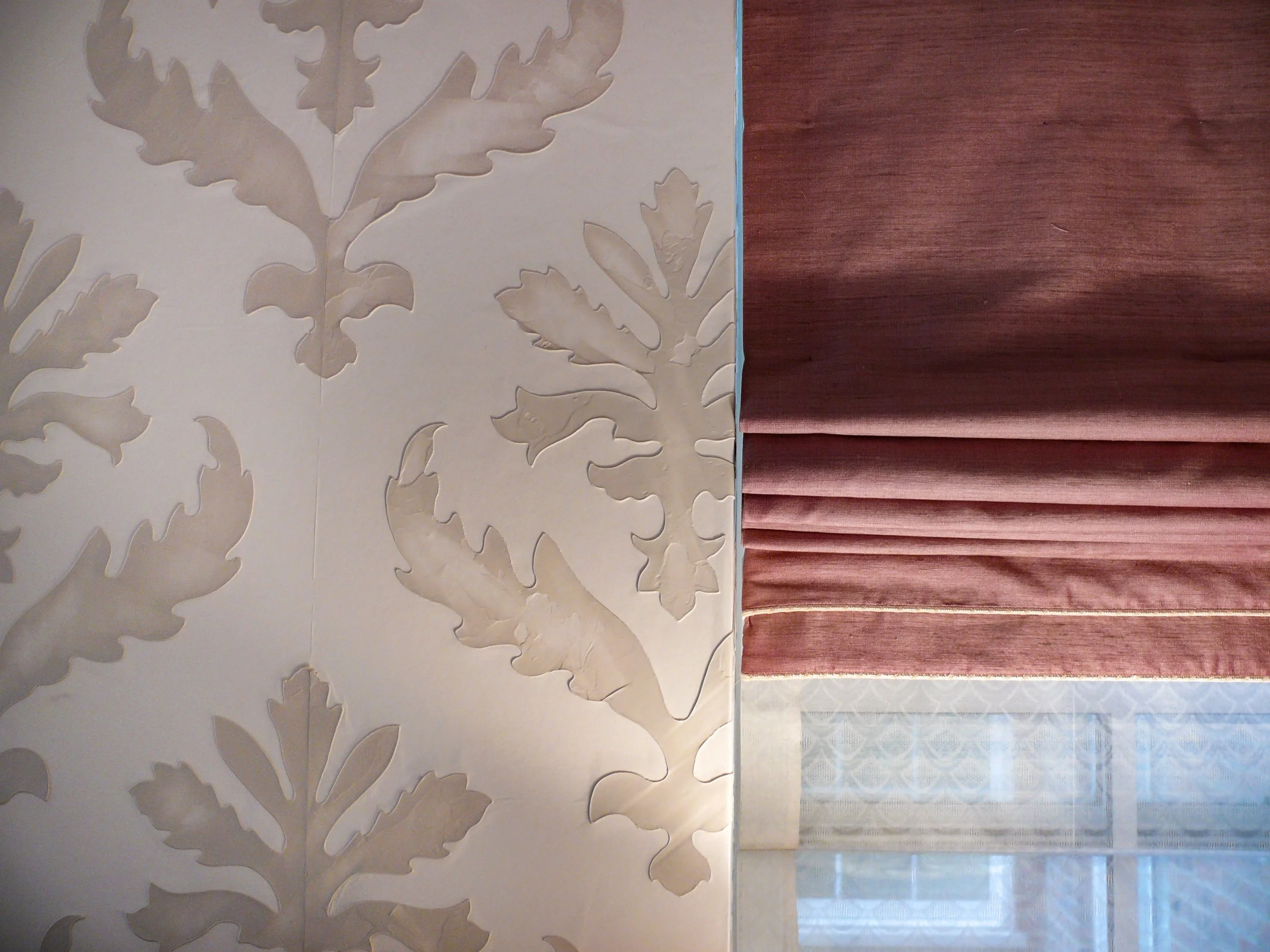 Textured wallpaper and silk blind detail, bedroom Gramercy Park apartment New York
