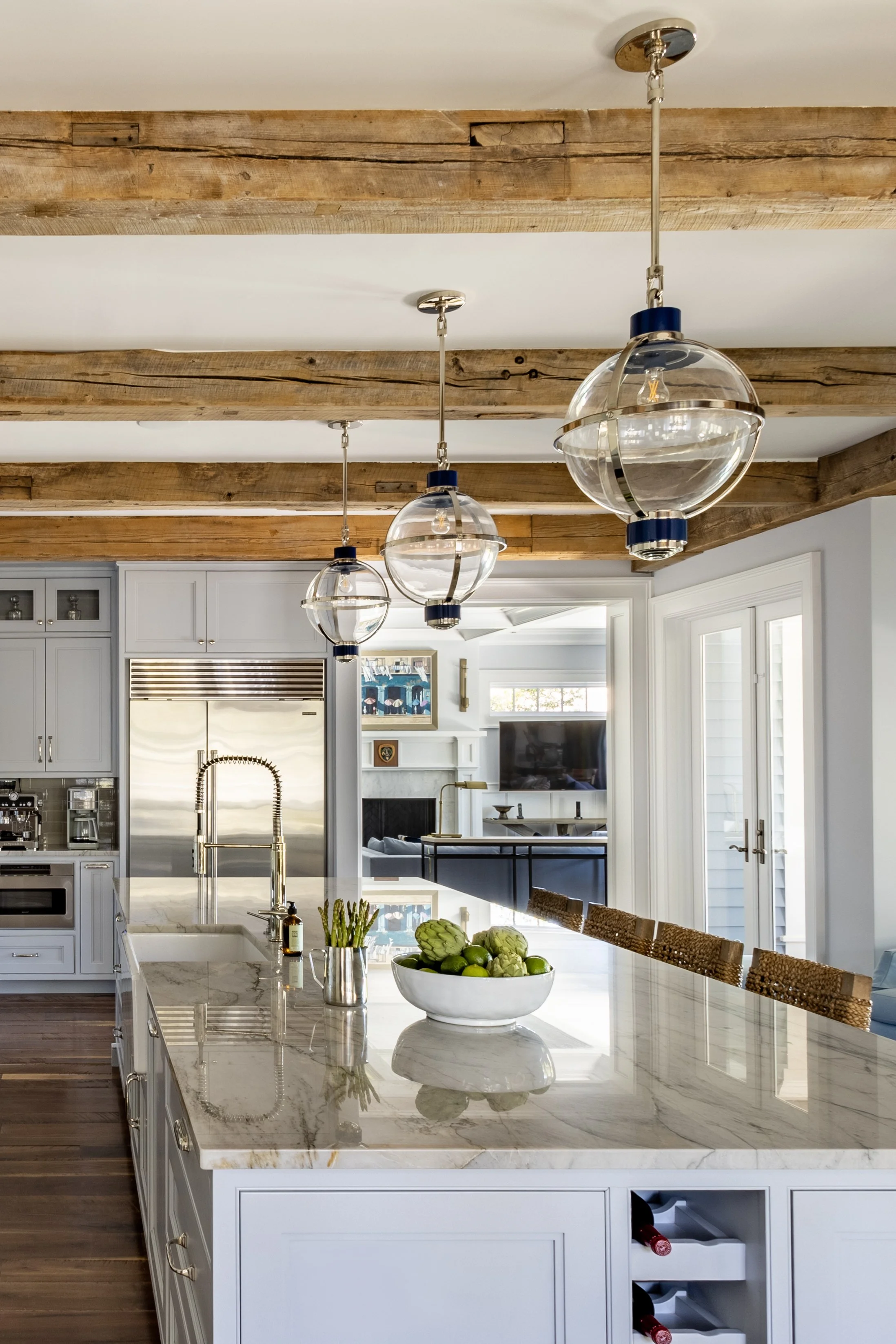 Hull pendants and marble counter detail, kitchen Kiawah Island beach house