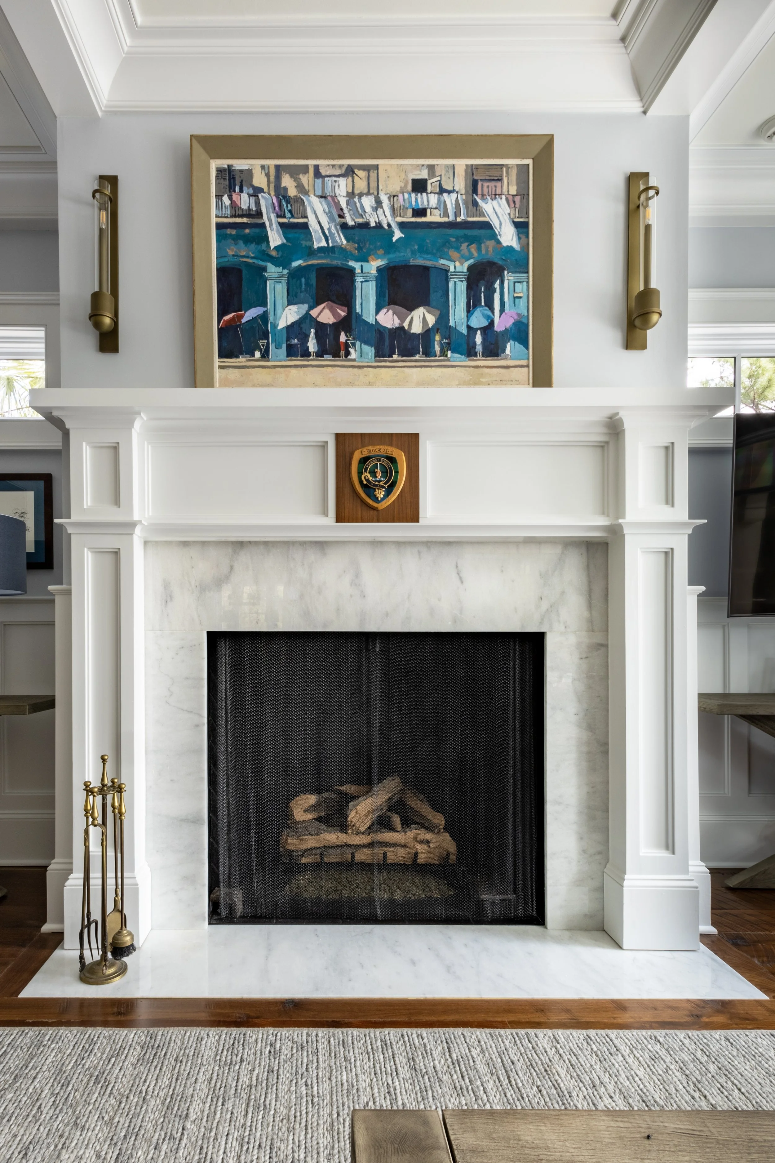 Marble fireplace with painted mantle, living room Kiawah Island beach house