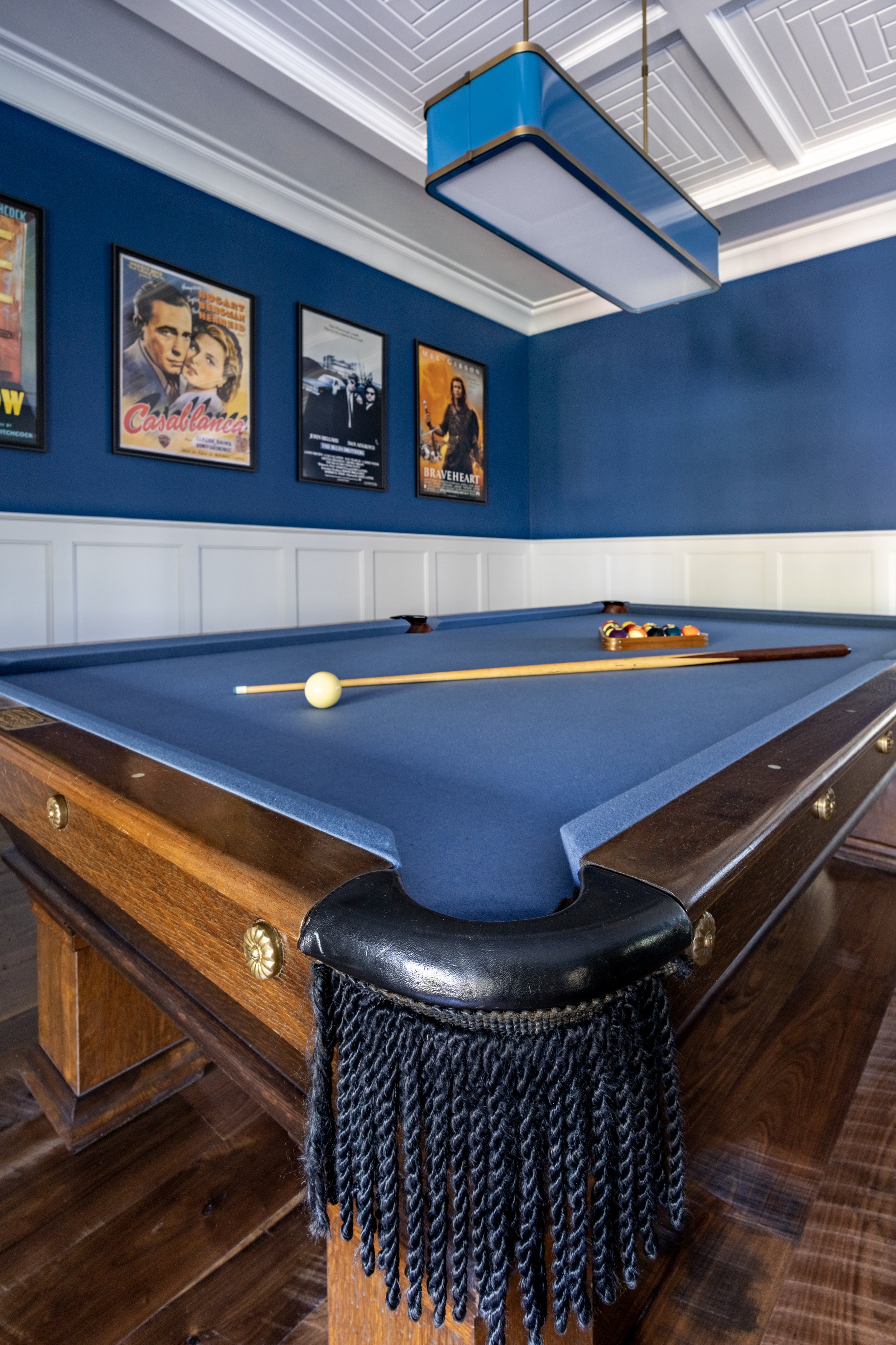 Urban Electric Company pendant over blue felt billiards table, games room Kiawah Island beach house