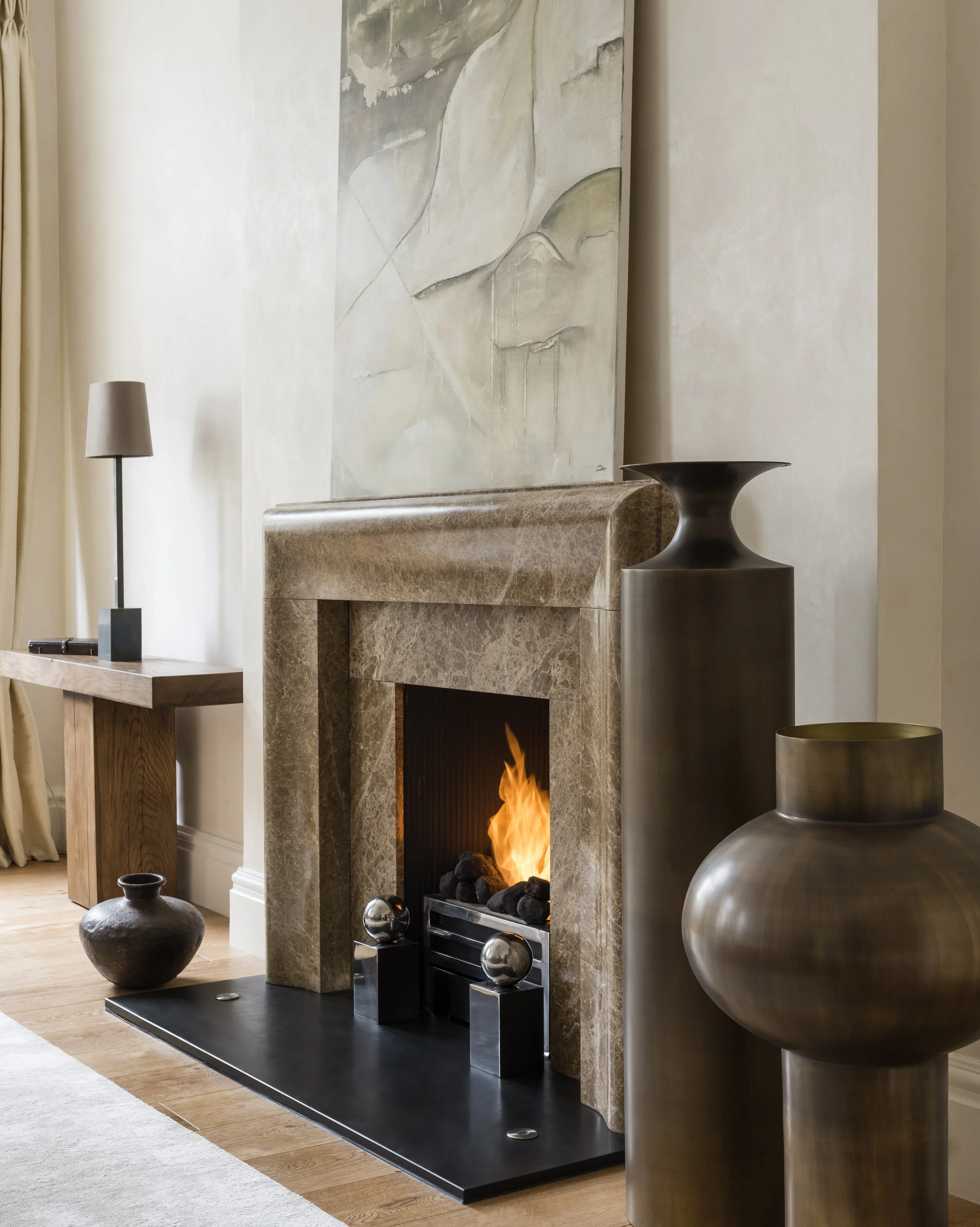 Emperador marble fireplace detail, Lennox Gardens apartment Knightsbridge