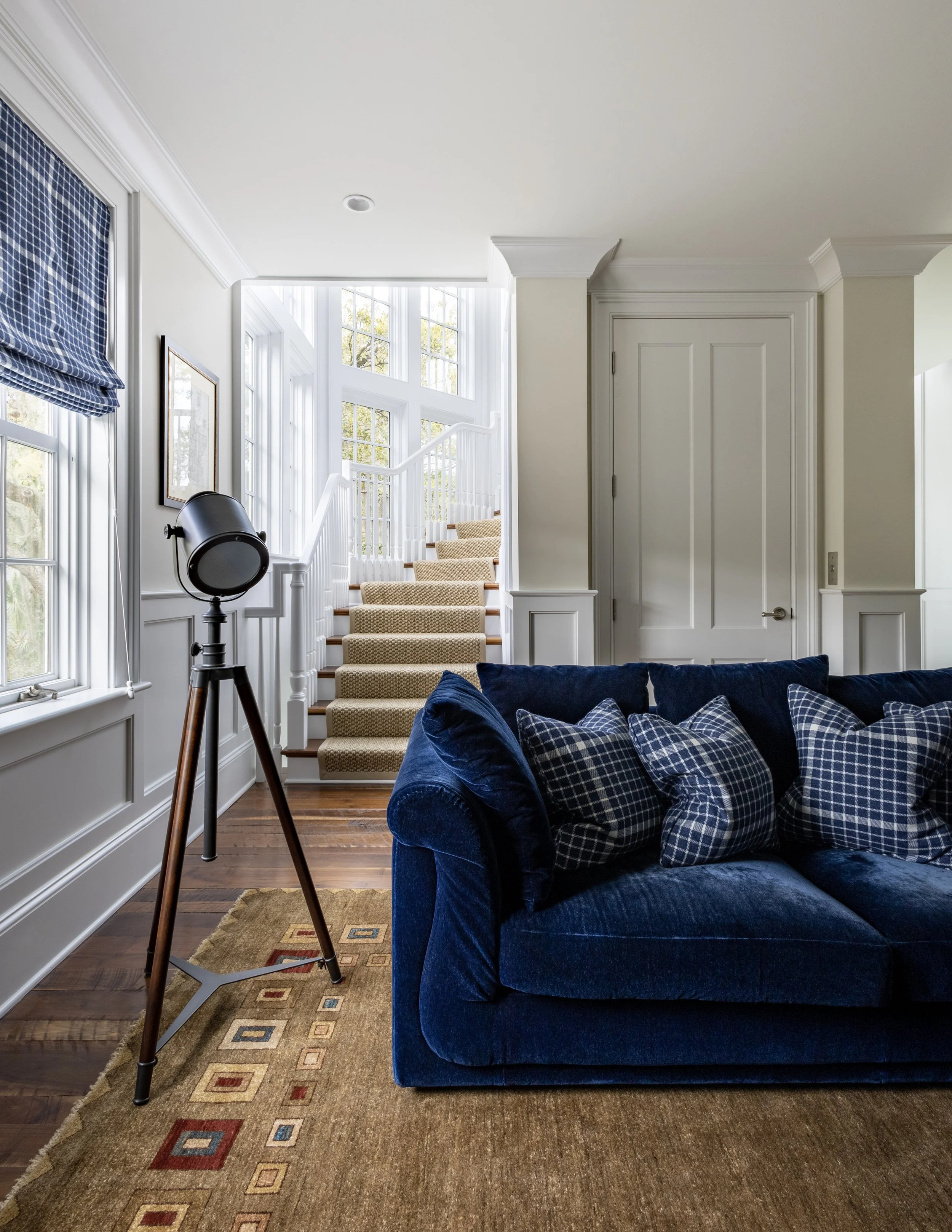 Blue mohair sofa, beach house snug Kiawah Island