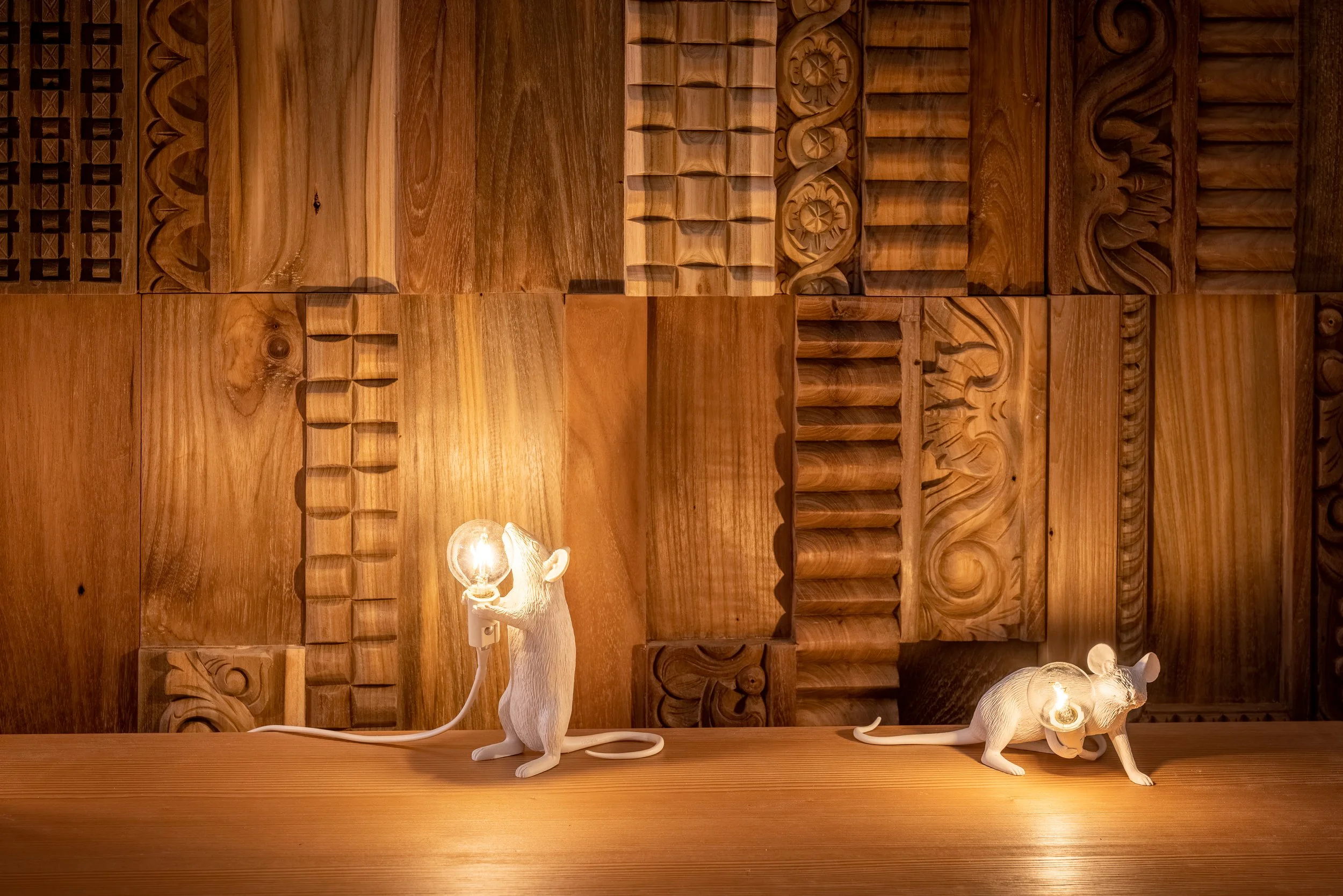Wonderwall panels and mouse lamps detail, Zlata Vila Spa at Sunrose 7 Hotel
