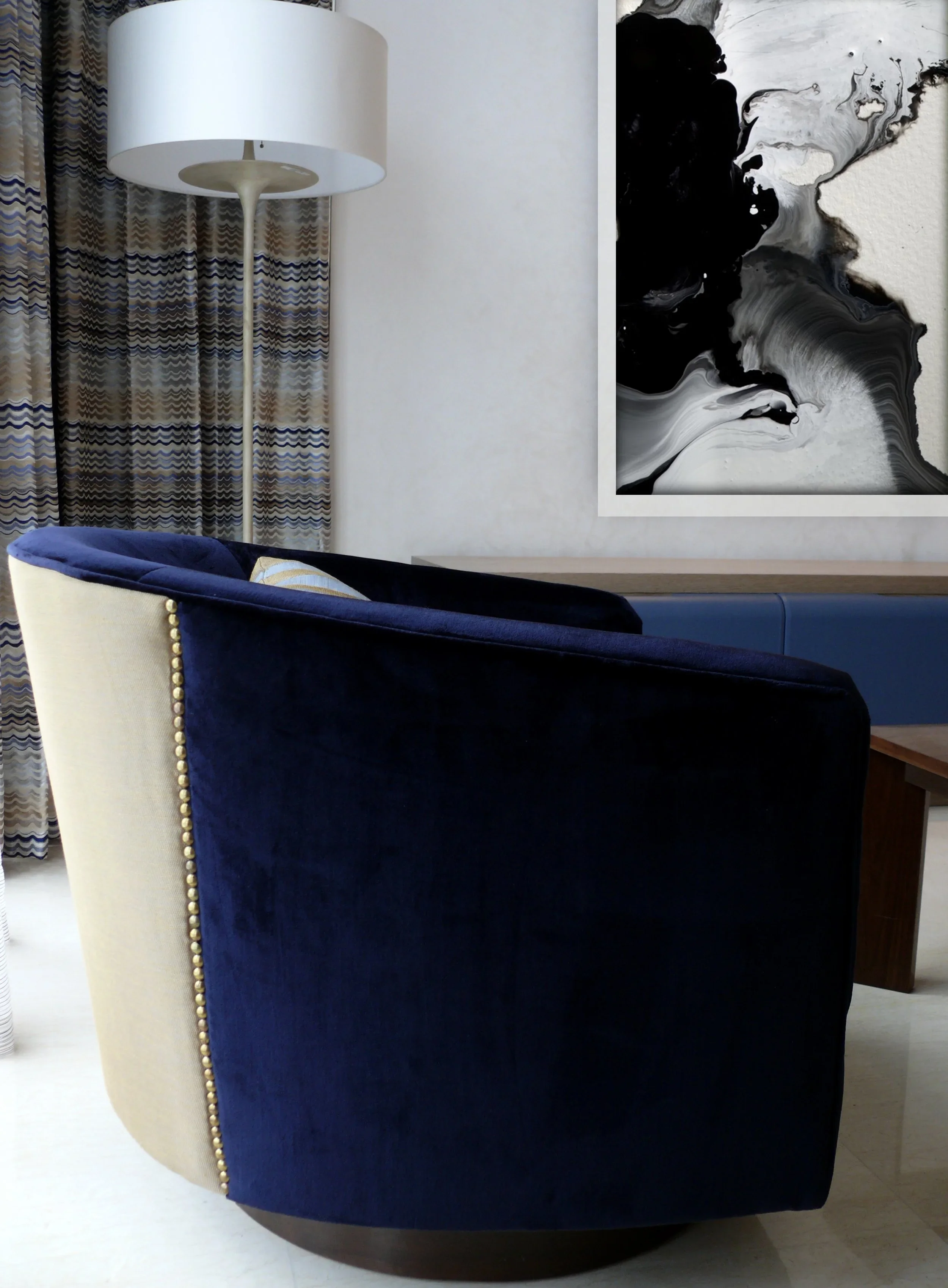 Retro tub swivel chair detail, living room Orchard apartment Singapore