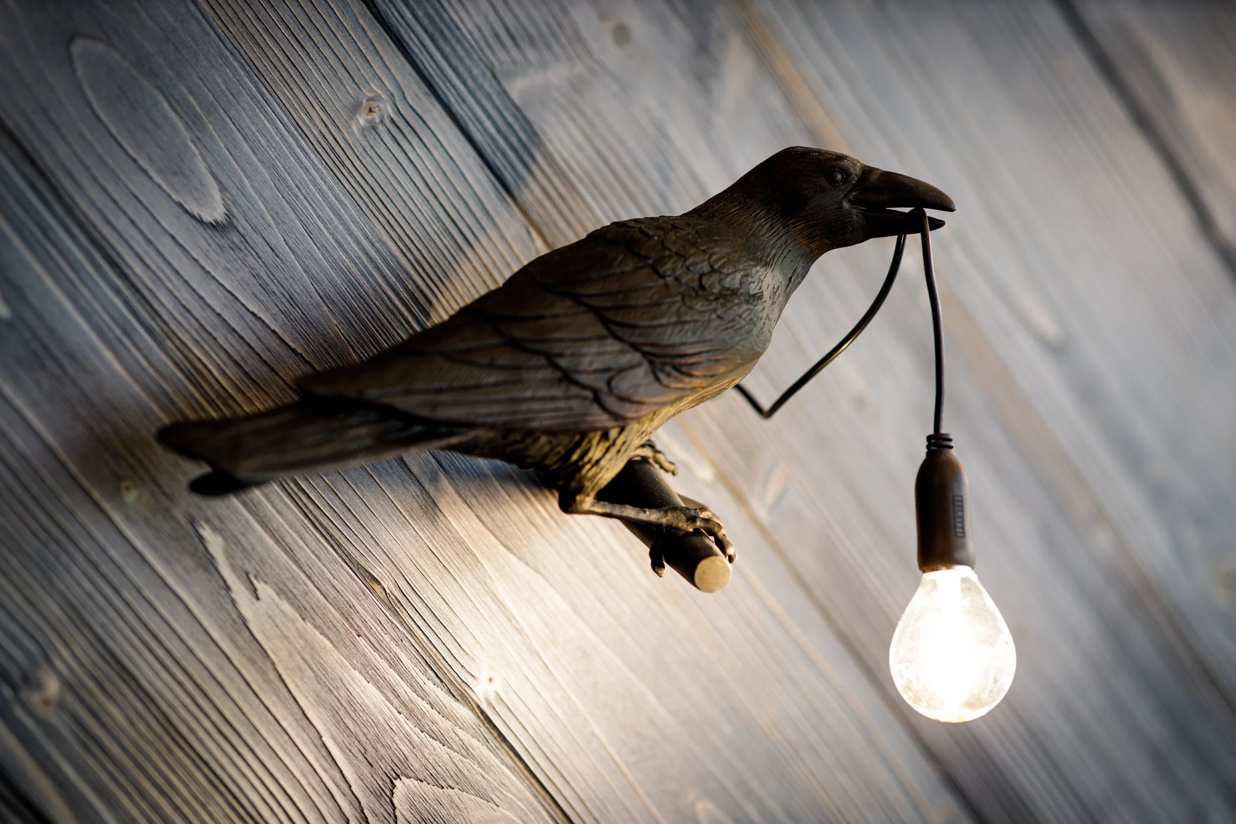 Raven lamp on charred wall panel detail restaurant dining room Sunrose 7 boutique hotel Slovenia
