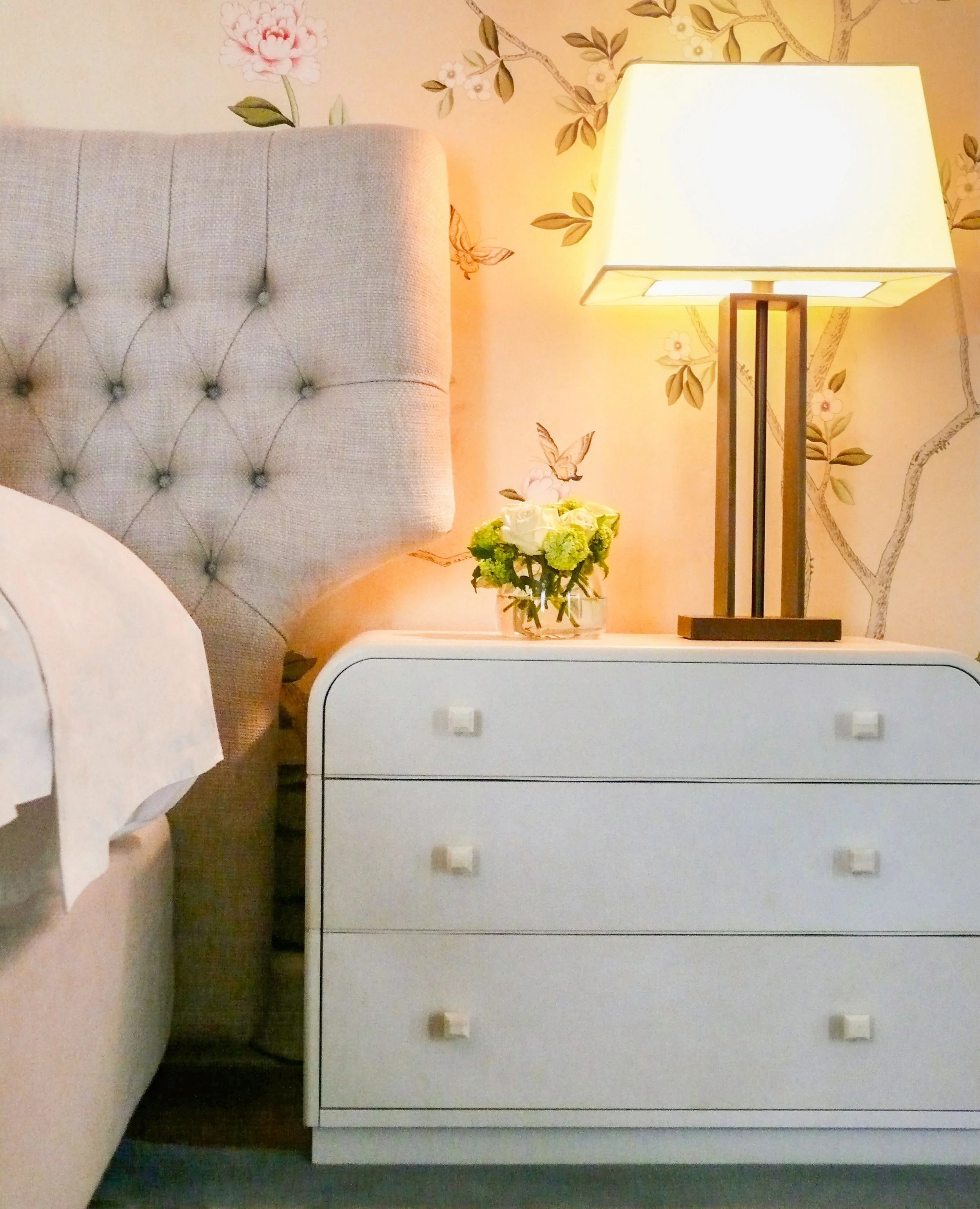 Capitan headboard and Gosling shagreen wrapped bedside chest of drawers, bedroom Gramercy Park apartment New York