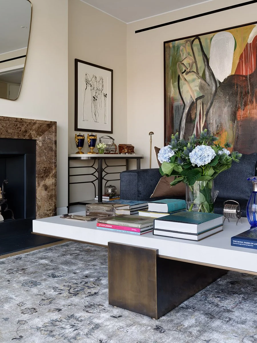 Brass and kidskin wrapped coffee table, drawing room Holland Green apartment London