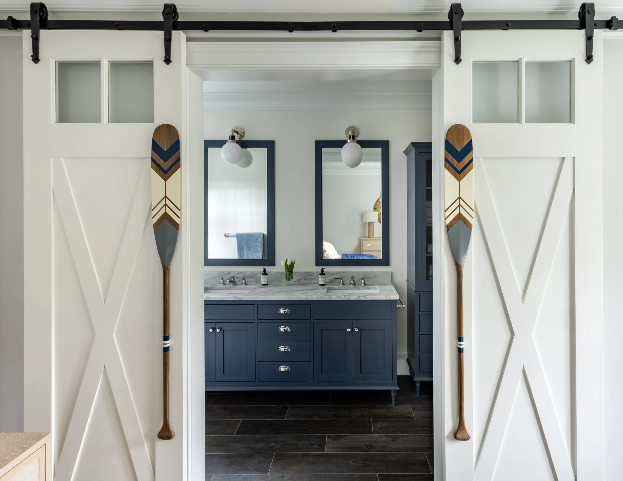 Barn doors with oar handles, academy blue bathroom Kiawah Island South Carolina