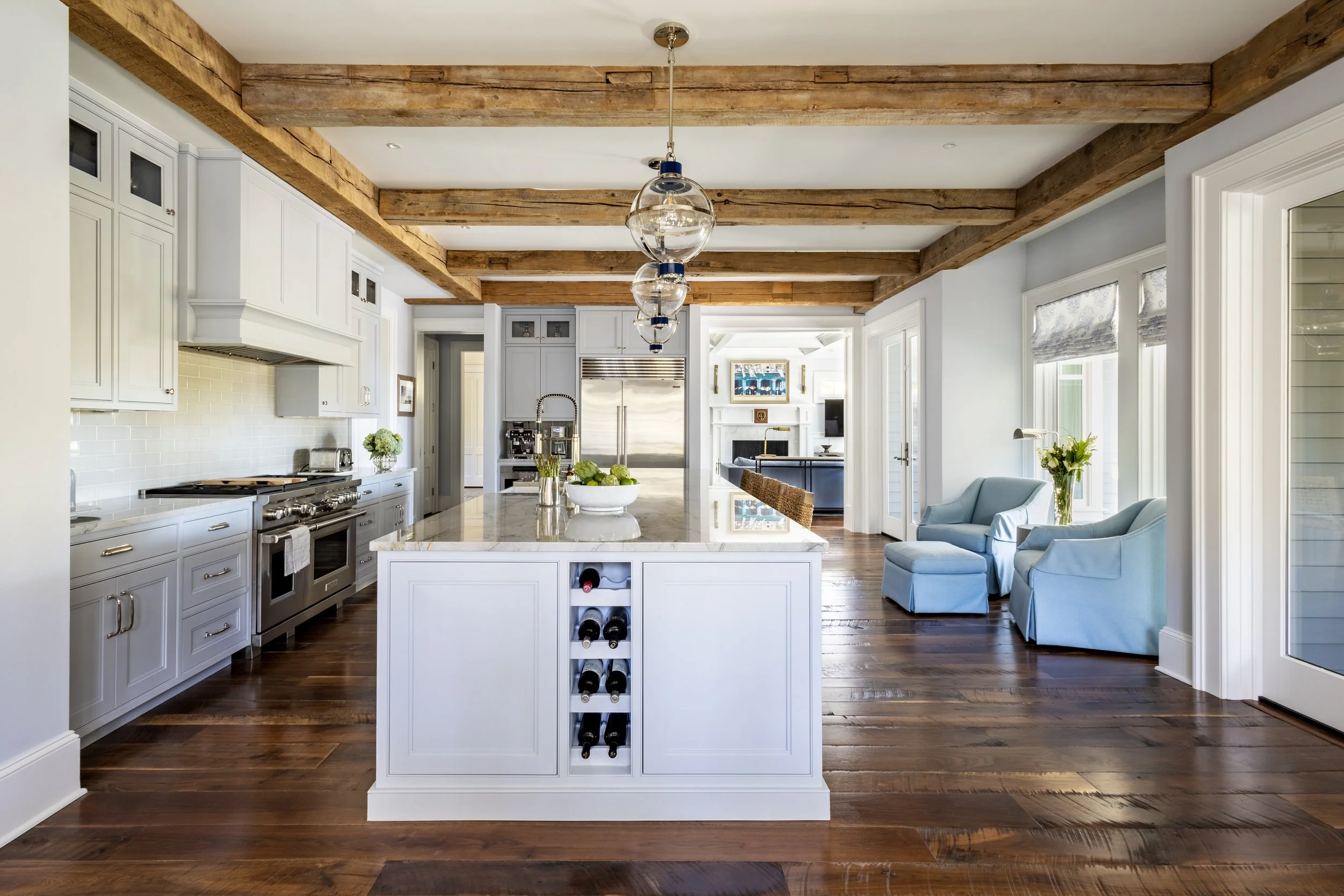 Grey and blue coastal style kitchen, Kiawah Island beach house
