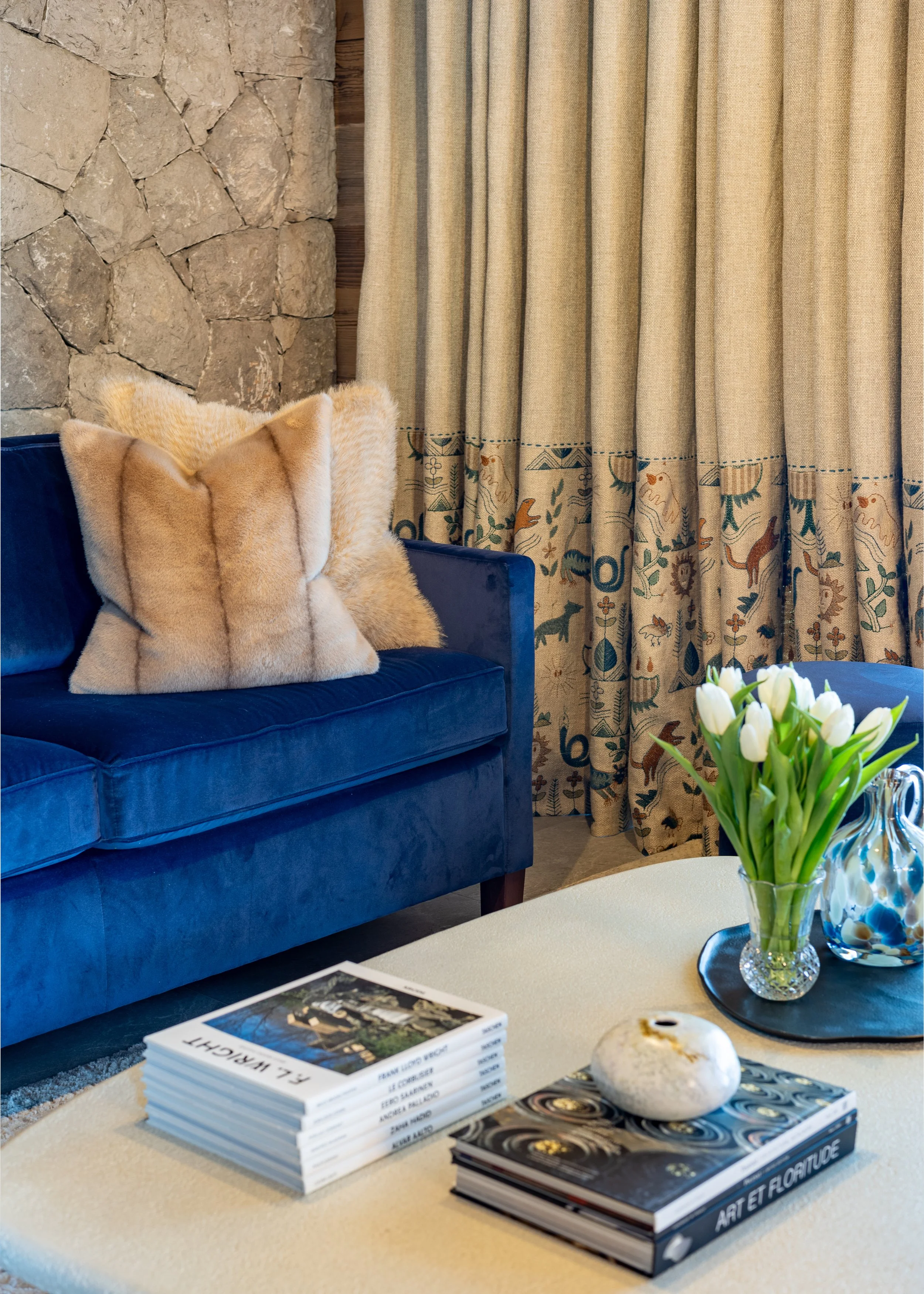 Concrete coffee table detail, living room Julian Alps mountain chalet