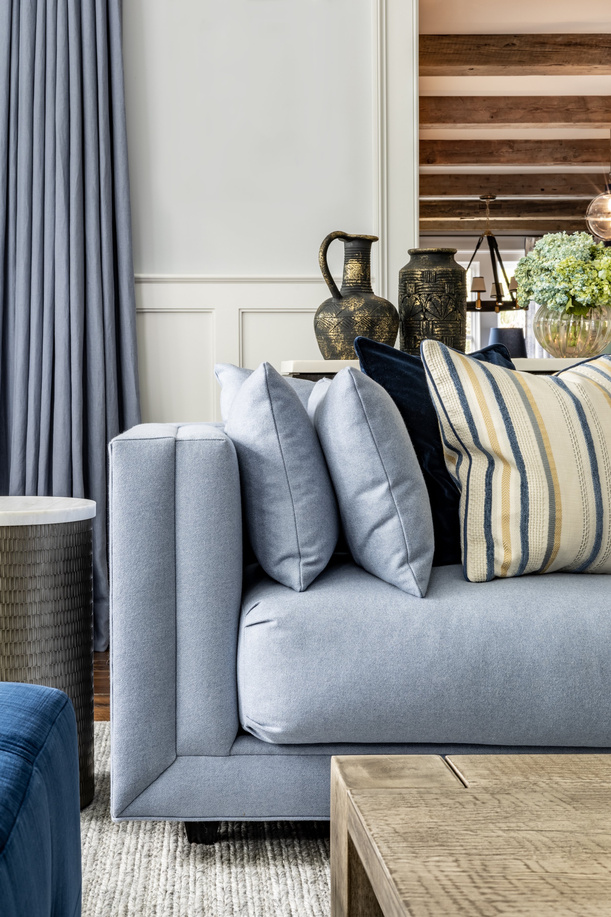 Blue wool upholstered sofa arm detail, living room Kiawah Island beach house