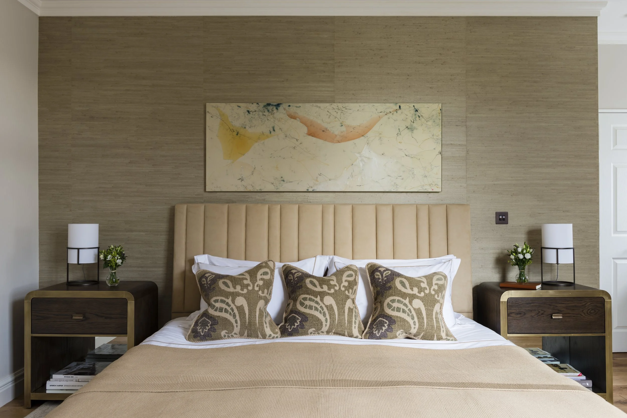 Channel stitched suede headboard, bedroom Lennox Gardens apartment London