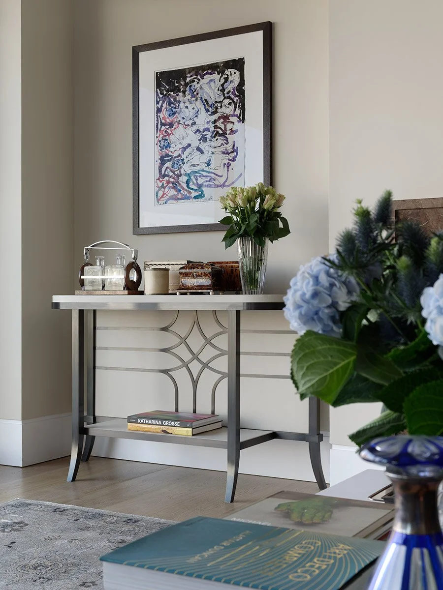 Bespoke brass and leather wrapped console table, drawing room Holland Green apartment Kensington London