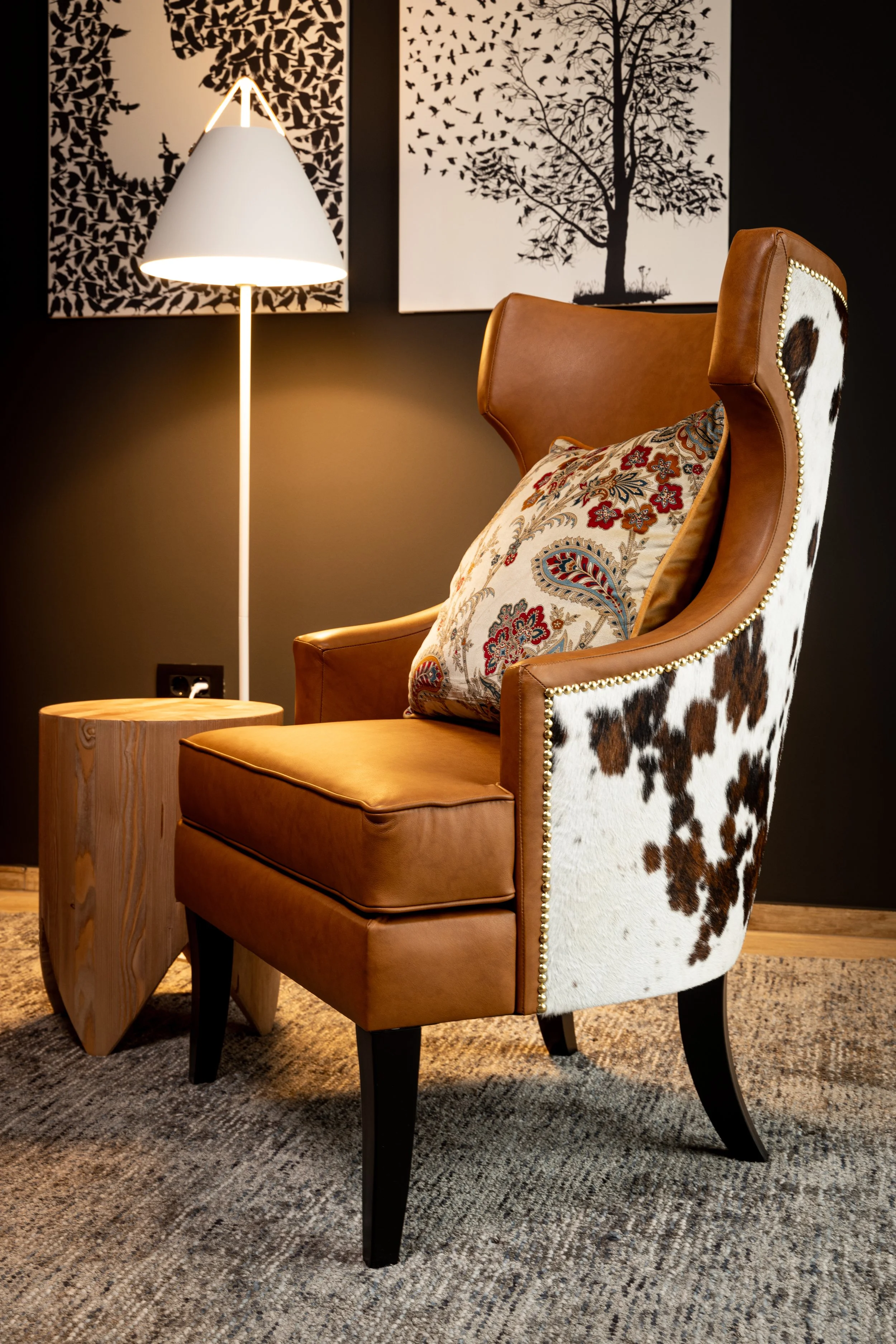 Leather and cowhide wing chair, Royal Hug suite Sunrose 7 boutique hotel