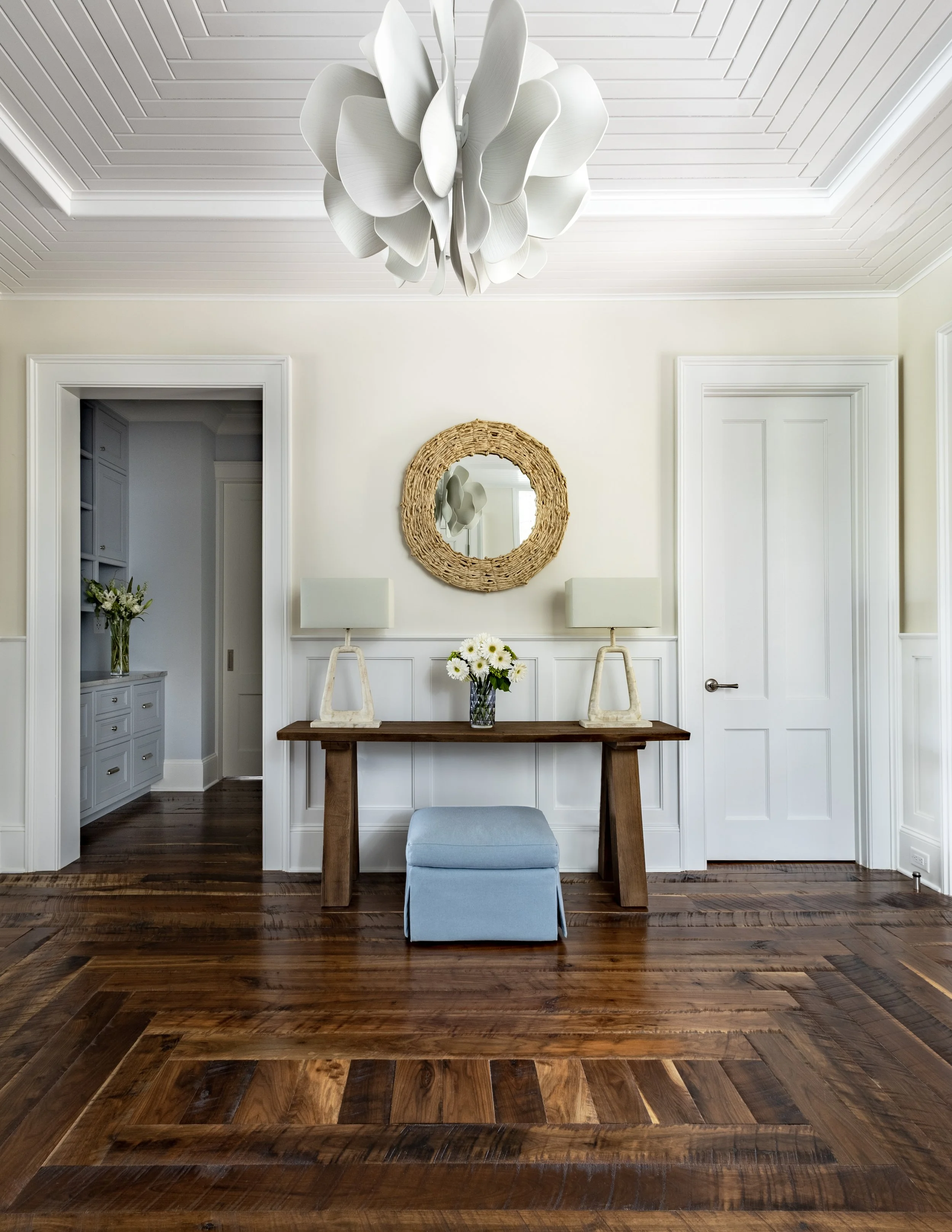 Night Bloom pendant and live edge console table, entrance hall Kiawah Islan beach house