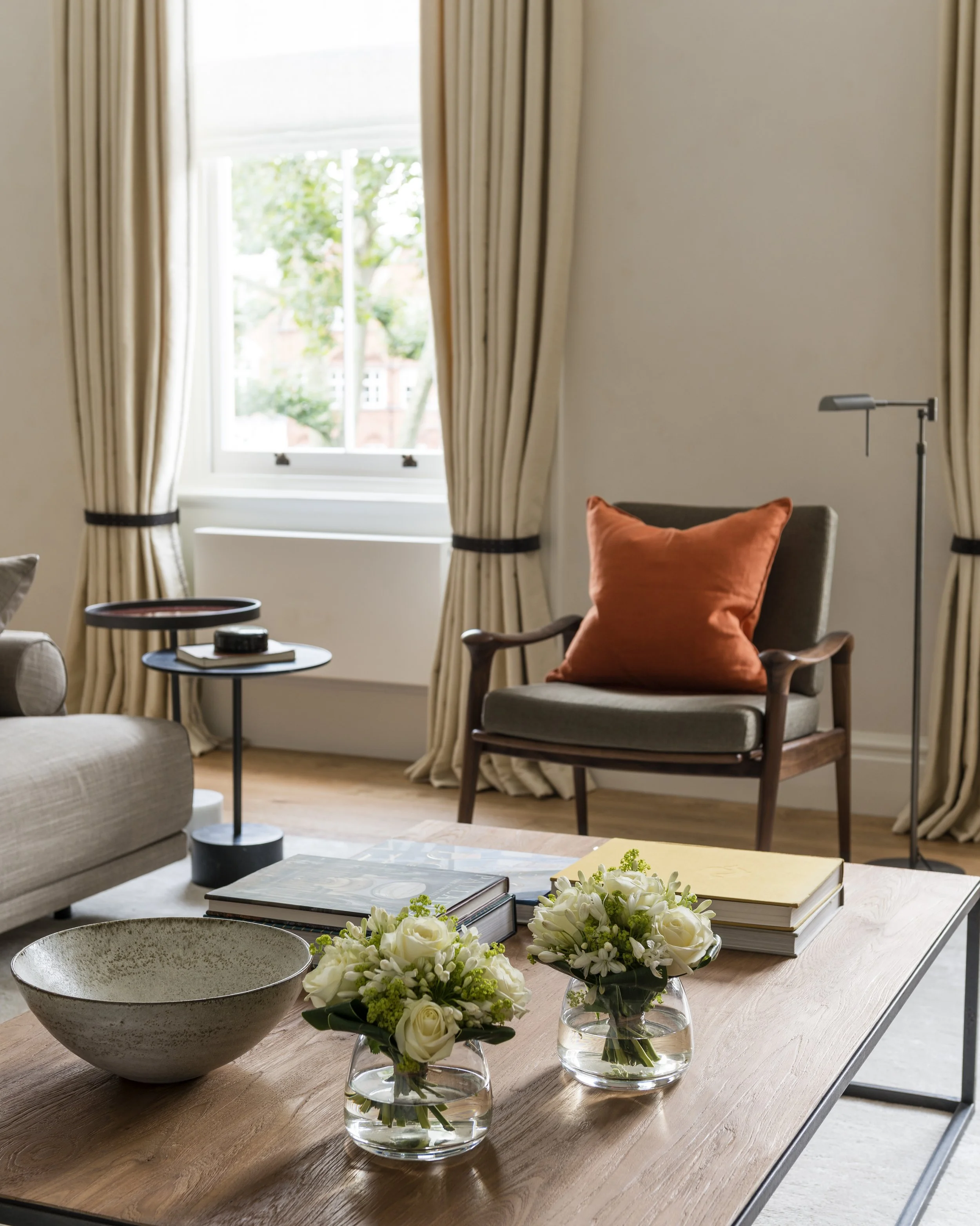 Armchair and coffee table, living room Lennox Gardens apartment Knightsbridge