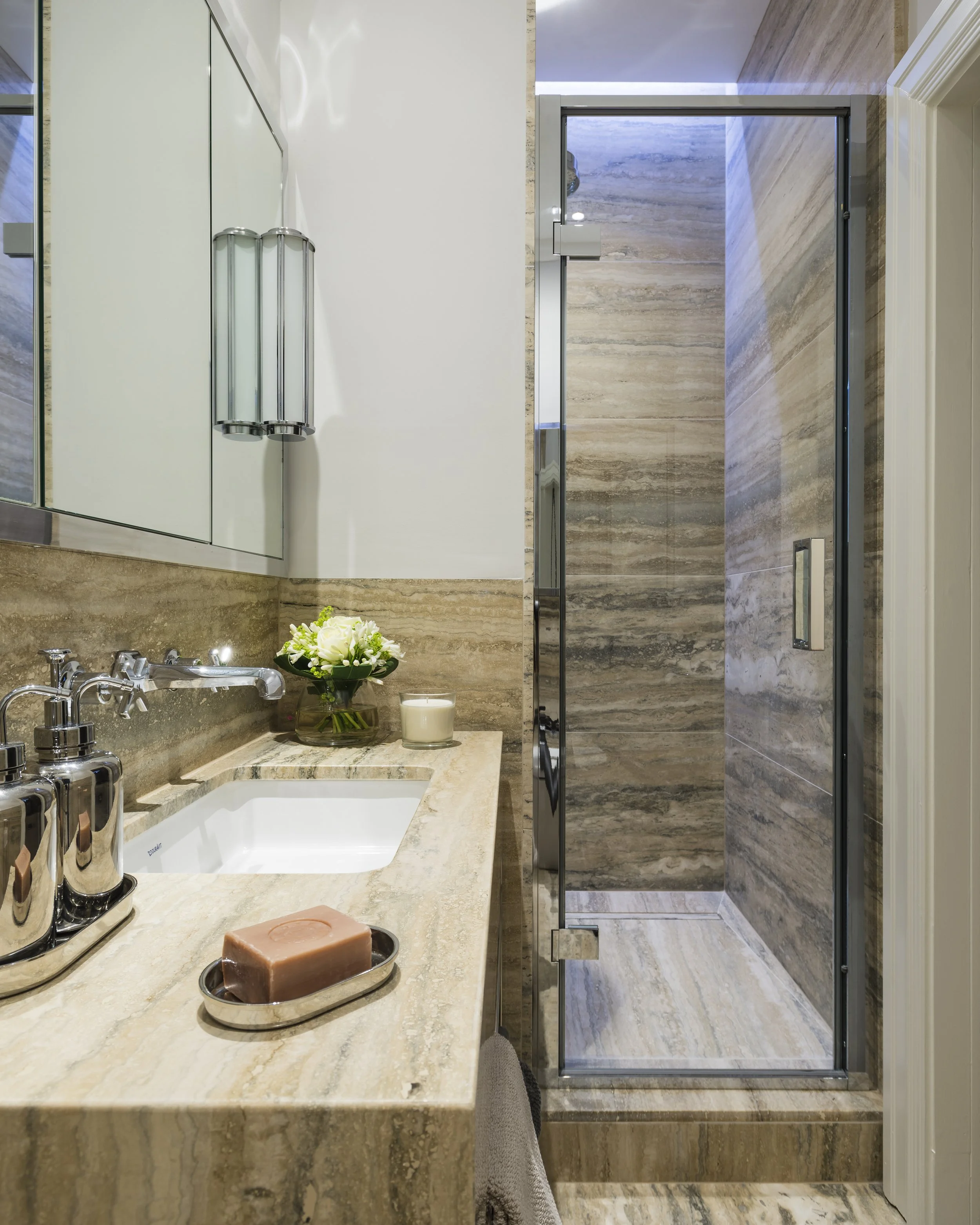 Silver travertine bathroom vanity and shower detail Lennox Gardens apartment Knightsbridge