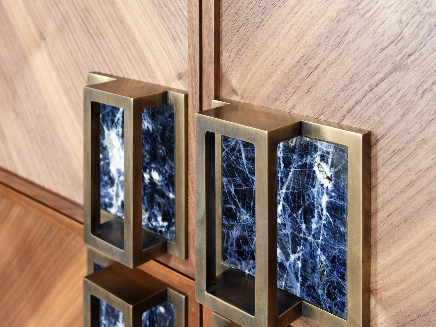 Walnut cabinet bespoke brass and sodalite handle detail, study Holland Green apartment Kensington London
