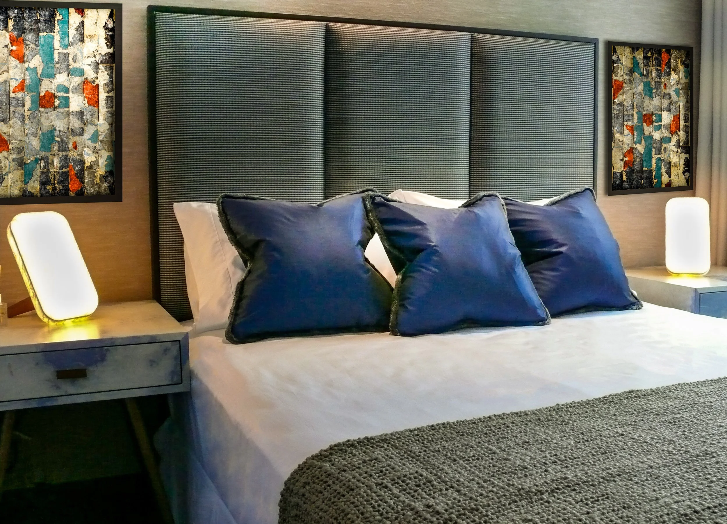 Horsehair headboard and Julian Chichester night stands, bedroom Orchard apartment Singapore