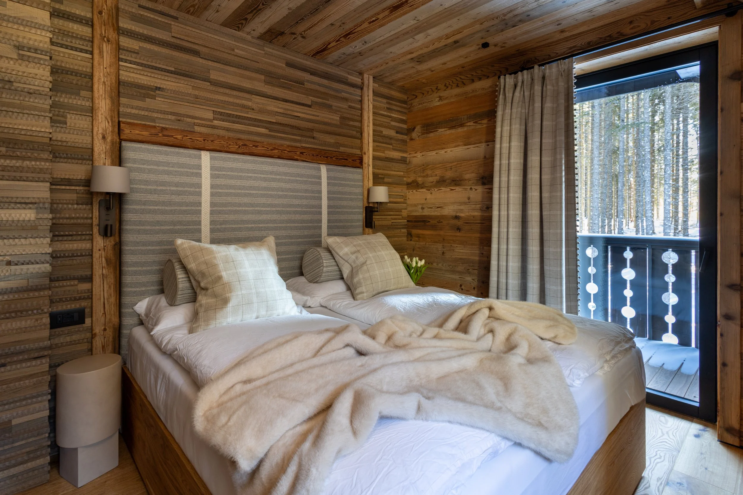 Wonderwall Studio sage bog oak panels and upholstered headboard, Julian Alps mountain chalet bedroom 