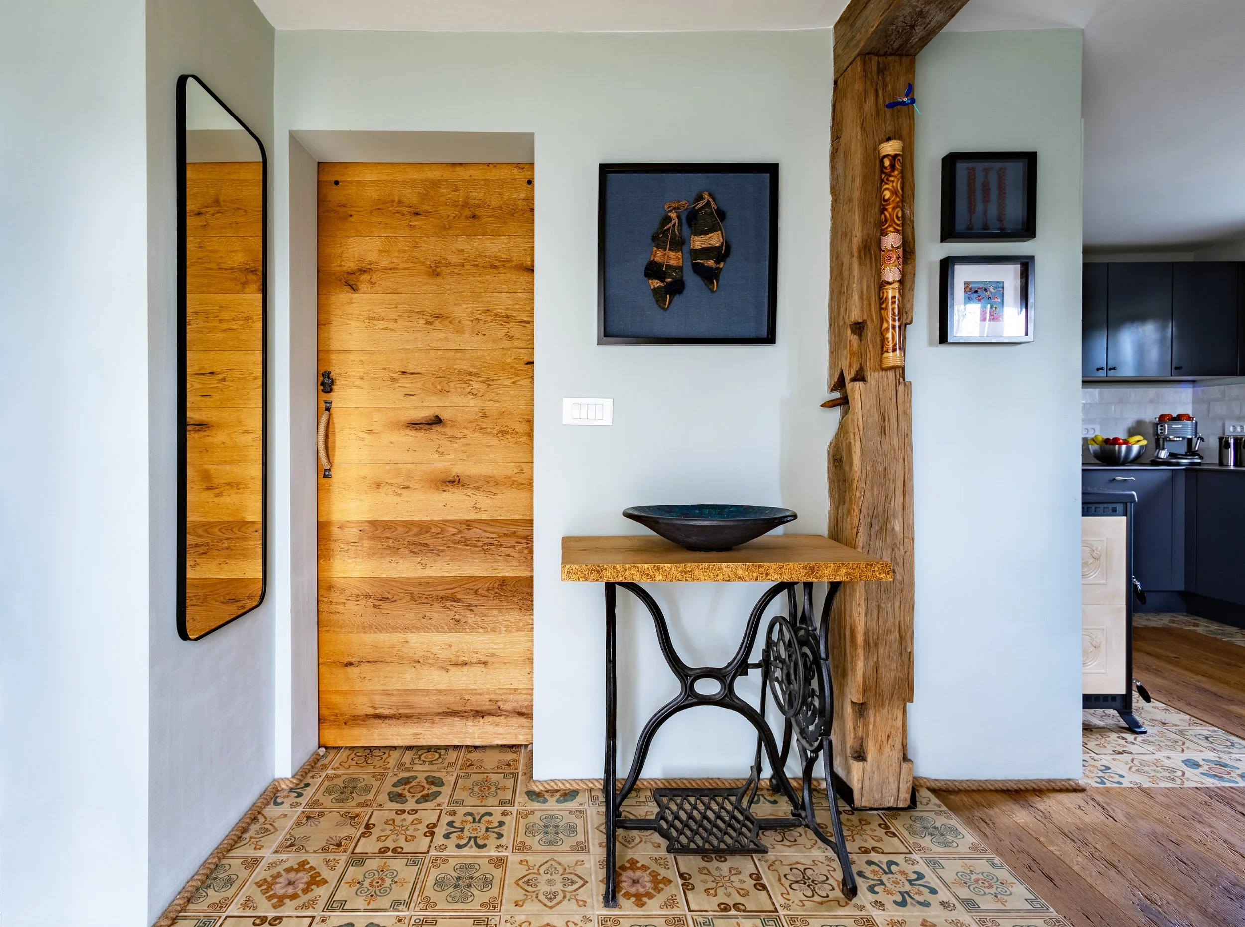 antique sewing table, entrance hall vineyard cottage Bizelsko