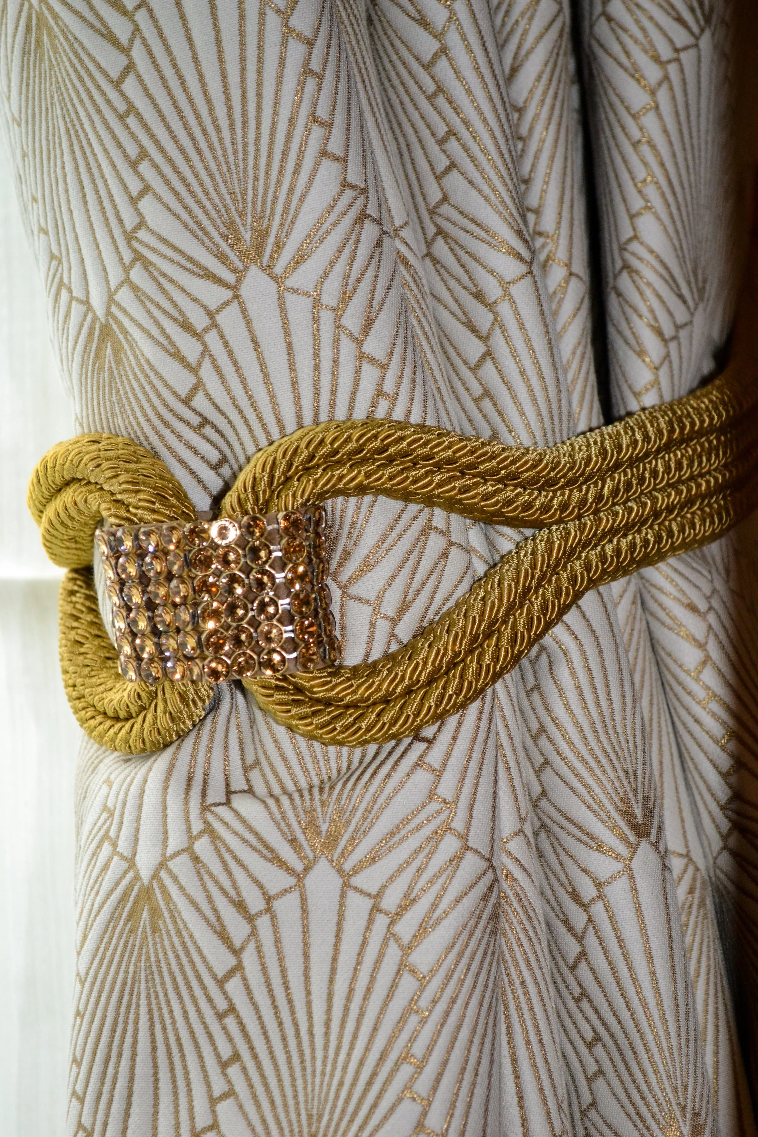 30's inspired curtain and tieback detail, living room Gramercy Park apartment New York