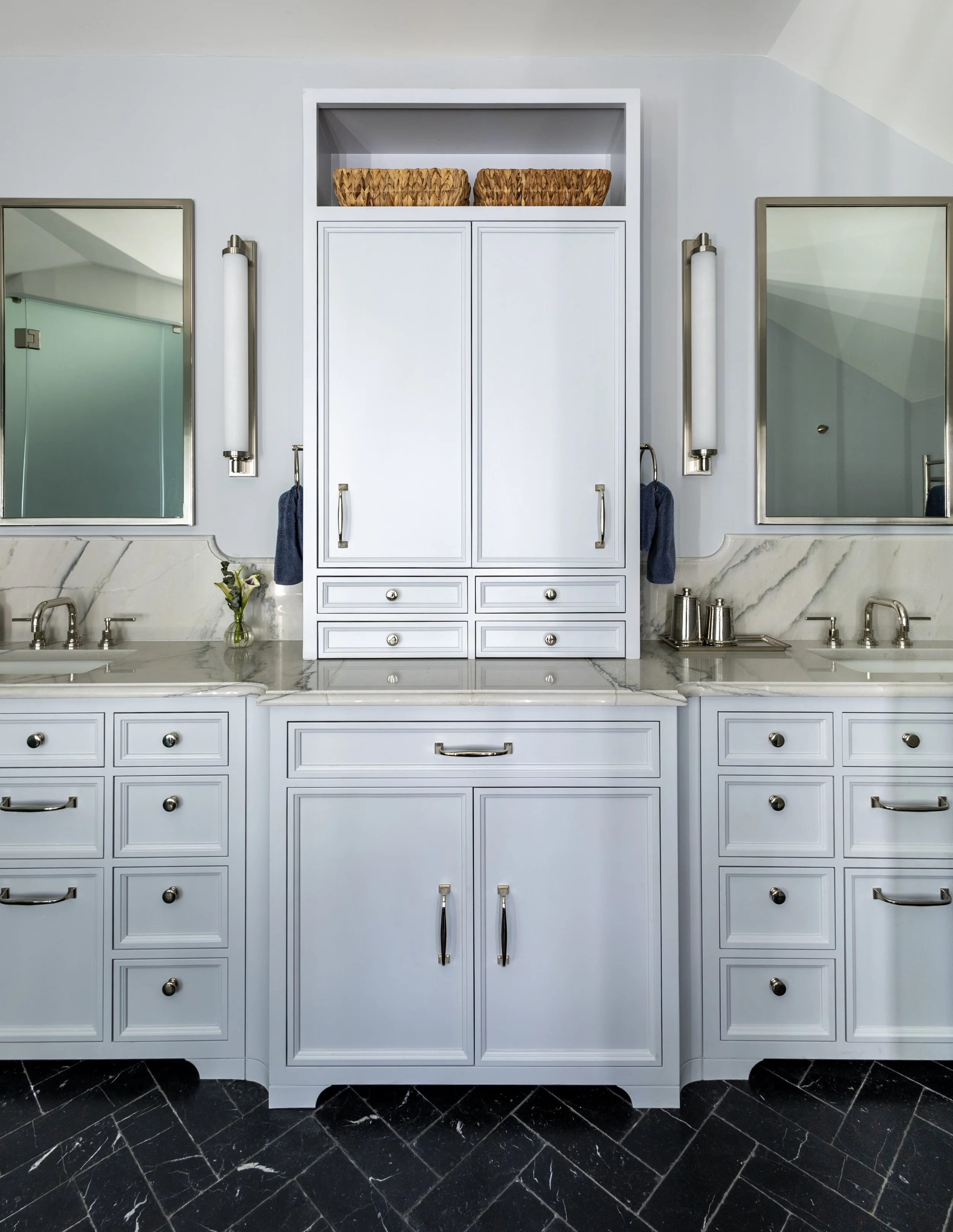 Bespoke double vanity, master suite bathroom Kiawah Island beach house