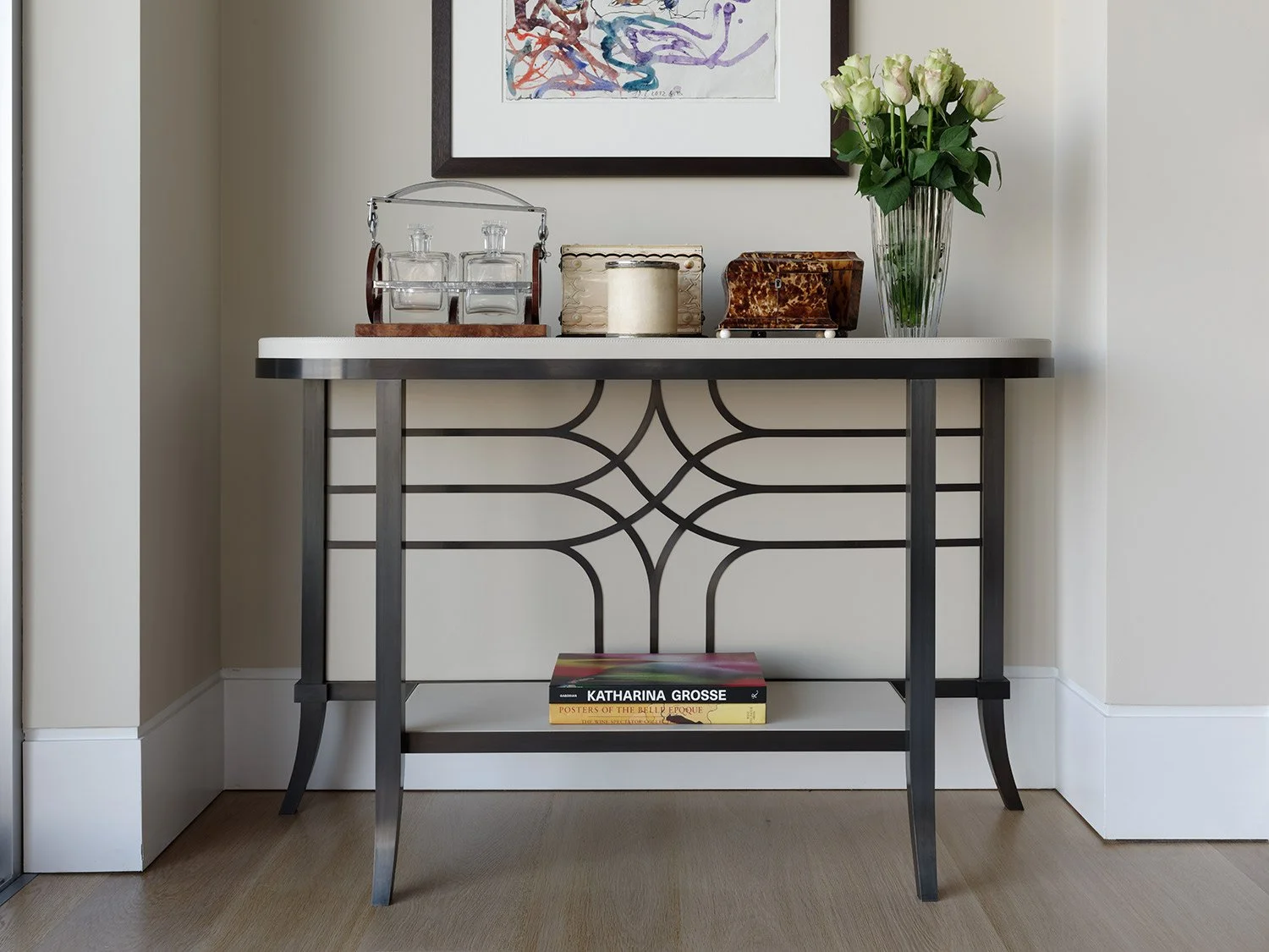 Bespoke console table RW.1 brass and top stitched leather